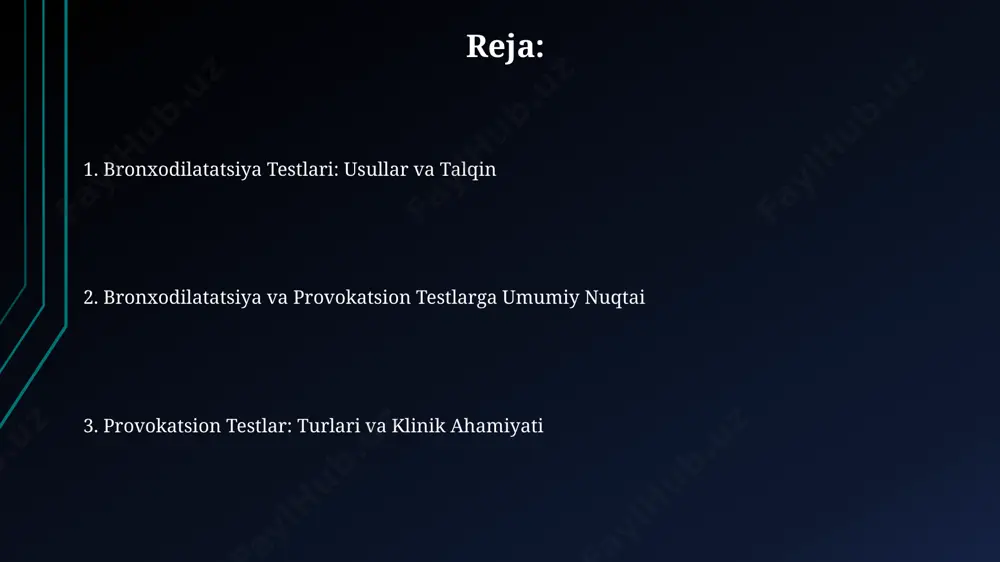 tlarning turlari mannitol bilan o'tkaziladigan provokatsion test, gipertonik mannitol eritmasi inhalatsiyasi orqali o'tkaziladi va bu test bronxial hiperreaktivlikni aniqlash uchun 5-15 minut ichida fev1 ning 15% ga kamayishini kuzatish orqali amalga oshiriladi. metaxolin bilan o'tkaziladigan provokatsion testlar, patsiyentga progressiv ravishda yuqori dozalarda metaxolin aerozoli yordamida beriladi va fev1 ning 20% ga kamayishi yoki 200 ml dan ortiq pasayishi bronxospazmini ko'rsatadi. histamin bilan o'tkaziladigan provokatsion testlar turli xil konsentratsiyalarda histaminni inhalatsiya qilishni o'z ichiga oladi va fev1 ning 20% ga kamayishi yoki 200 ml dan ortiq pasayishi bronxospazmini ko'rsatuvchi o'lchov bo'ladi. bronxodilatatsiya va provokatsion testlarning klinik ahamiyati bronxodilatatsiya testlarining ijobiy natijalari, fev1 ko'rsatkichining 12% dan ortiq oshishi, bemorlarda bronxial obstruksiyaning mavjudligini va bronxodilatator terapiyasiga javobini aniqlashga yordam beradi. bronxodilatator va provokatsion testlarning birgalikda qo'llanilishi, differensial diagnostika qo'yishda, masalan, astma va surunkali obstruksiv o'pka kasalligi o'rtasida farqlashda va davolash strategiyasini tanlashda yuqori aniqlikni ta'minlaydi. provokatsion testlar, masalan, metakolin bilan o'tkazilgan testlar, giperreaktiv …