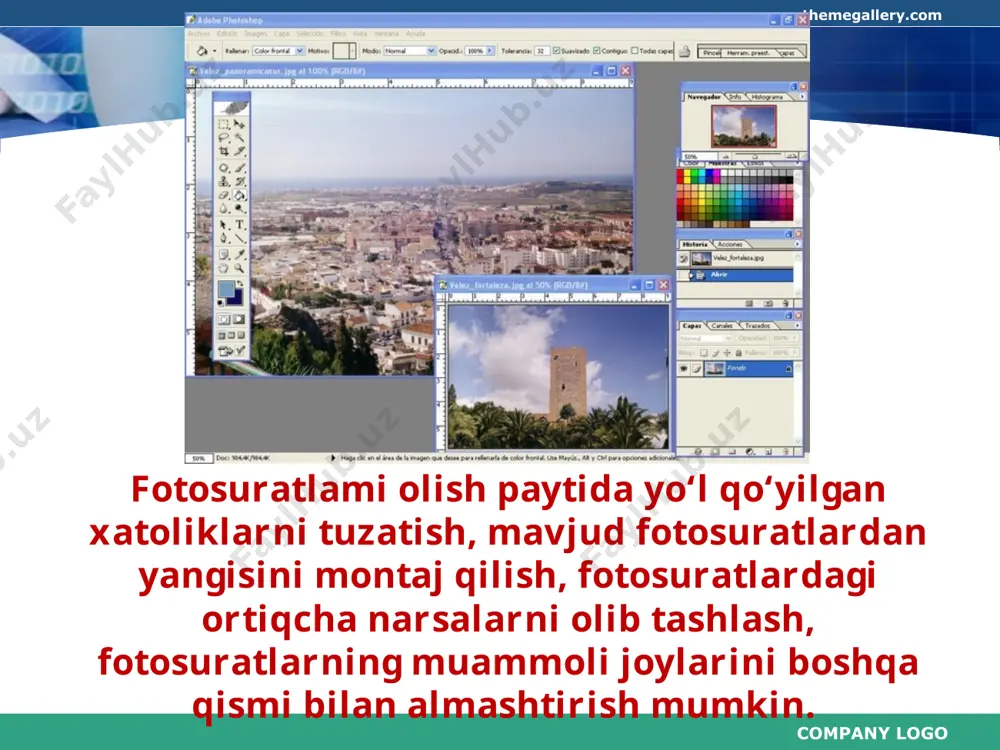 i tasvir yaratish amali tayyor fotosuratlar asosida yangisini yaratish paytida ham kerak bo‘ladi. bunda turli suratlarning bo‘laklari yangidan yaratilgan suratga joylab chiqiladi. company logo www.themegallery.com photoshop dasturining interfeysi quyidagi qismlardan iborat: 1)sarlavha satri va asosiy menyu; 2) parametrlar paneli; 3) uskunalar paneli; 4) palitralar sohasi; 5) ishchi soha; 6) holat satri. company logo www.themegallery.com parametrlar panelida tanlangan uskunaning joriy parametrlari ko‘rsatiladi. zarurat bo‘lganda bu yerda uskunaning parametrlarini o‘zgartirish mumkin. company logo www.themegallery.com palitralar sohasi photoshopning qo‘shimcha imkoniyatlaridan foydalanishda juda qo‘l keladi. zarur bo‘lganda u yerga palitra chaqiriladi. company logo www.themegallery.com kerakmas paytda palitralar olib qo‘yiladi va tasvir bilan ishlash uchun ko‘proq joy ochiladi. palitralar ham uskunalar kabi bir nechtasi birlashtirilgan. ulardan keraklisini ochish uchun palitra oynasining mos jildi ochiladi. company logo www.themegallery.com sayol va topshiriqlar 1. photoshopning tarixi haqida gapirib bering. 2. photoshopning imkoniyatlarini aytib bering. 3. photoshop interfeysi nimalardan iborat? 4. photoshop asosiy menyusining qanday bo‘limlari mavjud? 5. asosiy …