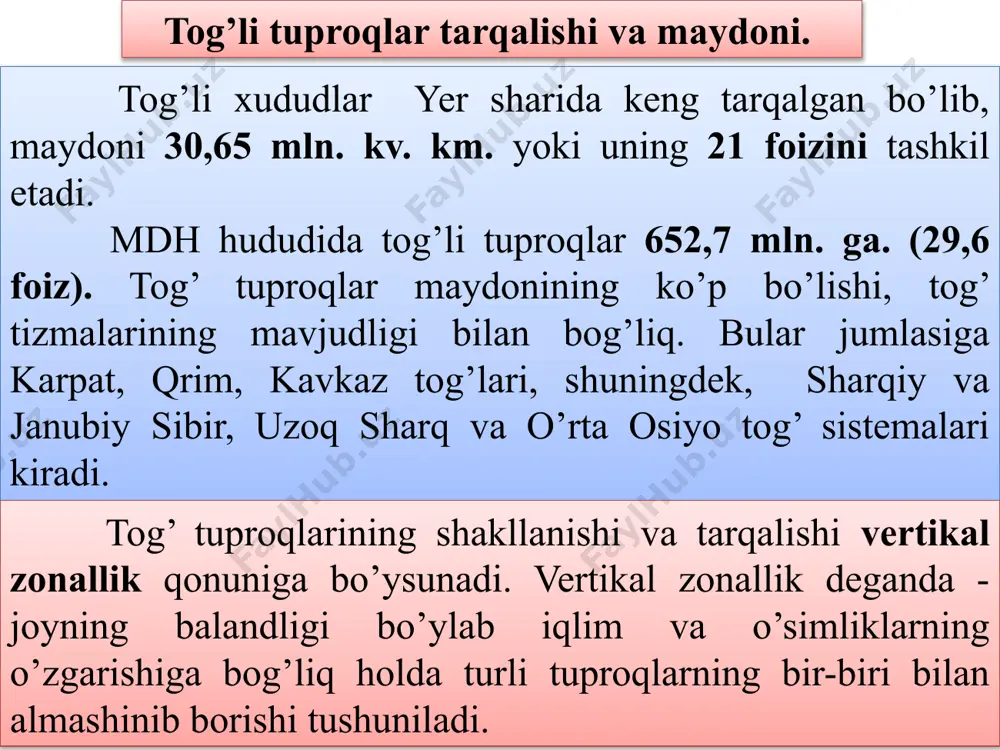 ta’sir etadi. nam va issiqlik rejimlaridagi farqlar o’simlik va tuproq qoplamiga ham ta’sir qiladi. o’ s i m l i k l a r q o p l a m i. atmosfera yog’inlari miqdori va harorati rejimiga qarab o’simliklar qoplami ham o’zgaradi va o’ziga xos mintaqa hosil qiladi. turli balandlik va ekspozisiyalarda biogidrotermik sharoitlarning o’zgarishi turlicha tuproqlarning shakllanishiga olib keladi. tog’ tuproqlarining klassifikasiyasi, diagnostikasi va asosiy xossalari. relyef sharoitlariga qarab qishloq xo’jaligida foydalanish imkoniyatlariga ko’ra tog’ tuproqlari 3 guruppaga bo’linadi: 1. qiyaligi 100 dan ortiq bo’lgan sharoitda shakllanadigan tog’-qiyalik tuproqlari, bunda tuproq nomiga "tog’" so’zi qo’shiladi (masalan, tog’-podzol tuproqlar). ulardan dehqonchilikda foydalanish chegaralangan. 2. tog’li tekislik tuproqlari tog’larning nisbatan tekislangan va qiyaligi 100 dan kam bo’lgan uchastkalarida tarqalgan va ko’pincha dehqonchilikda foydalaniladi (masalan, tog’li tekisliklarning ishqorsizlangan qora tuproqlari). 3. tog’ oralig’i tekislklari va tog’ vodiylarining tuproqlari, qiyaligi 4-50 dan oshmaydigan tekislik va yonbag’irlarda (daryo terrasalari, delyuvial va boshqa joylarda) rivojlangan …