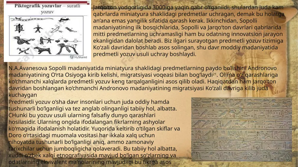 ildi. turar joy binolari katta bichimli xom gʻishtdan (55x29x9 sm) bir yoki bir necha xonali qilib qurilgan. xonalar sahni va devori somonli loy bilan suvalgan. koʻchalar tor, daha ibodatxonasiga boruvchi yoʻlga shagʻal yotqizilgan. erkaklar oʻng yonboshi, ayollar chap yonboshi bilan gʻujanak holda koʻmilgan. jarqo’tondan toshdan yasalgan omoch tishi, koʻplab sopol idish (xumcha, koʻzacha, togʻora, kosa, piyola, togʻoracha, lagan) lar jez igna, bigiz, xanjar, sopol andava, chaqmoqtoshdan ishlangan paykonlar, jez taqinchoqlar (rangli toshlar qadalgan koʻplab toʻgʻnogʻich, bilaguzuk, zirak, oyna) qimmatbaho toshlar va suyakdan yasalgan munchoqlar, jez surmadon, qabila muhr tamgʻalari, ip mato qoldigʻi va boshqalar topilgan. jarqo’ton yodgorligi. sopollitepa — surxondaryo viloyatining (muzrabod tumani) sherobod choʻlini kesib oʻtgan oʻlanbuloqsoy yoqasiga joylashgan jez davriga oid arxeologik yodgorlik. u 1968-yil arxeolog l. albaum tomonidan topilgan. 1969—74 yillarda a. asqarov tomonidan oʻrganilgan s.ning maydoni taxminan 3 ga. uning 1 ga.ga yaqin markaziy qismi mudofaa devorlari bilan oʻrab olingan. qalʼa atrofidagi maydonning kata qismi buzilib, …