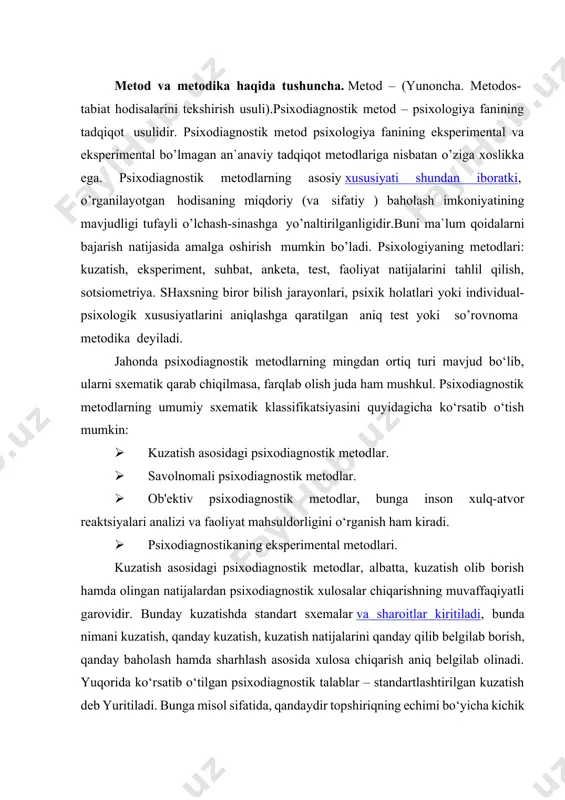 chiqarish aniq belgilab olinadi. yuqorida ko‘rsatib o‘tilgan psixodiagnostik talablar – standartlashtirilgan kuzatish deb yuritiladi. bunga misol sifatida, qandaydir topshiriqning echimi bo‘yicha kichik guruhning ish faoliyatini ko‘rib chiqamiz (r.beyls metodi bo‘yicha). · sharoitni engillashtirish · muammo echimini taklif qilish · savollarga javob berish · ma'lumotlar berish · tushuntirib berish · yordam berishni taklif qilish · yordam so‘rash · tushuntirib berishni so‘rash · ma'lumotlar berishni so‘rash · savollarga javob berishni so‘rash · muammo echimini so‘rash · muammoni yanada chigallashtirish. bu sxema xulq-atvorni kuzatishning 12 xil tipini qamrab olgan, unda 6ta ijobiy va 6ta salbiy ko‘rinishlar ifodalangan. b.g.ananevning nuqtai nazaricha, psixologik kuzatish metodlari psixologik ob`ektlar bilan operatsiyalar tizimi bo’lib, fanning bilish ob` ektidir. psixologiyada empirik metodlarni qo’llash muammosi ko’rib chiqilayotganda ularni psixologik metodlar tizimidagi o’rnini aniqlashdan boshlash kerak. empirik metodlarni qo’llashning beshta darajasini ajratish mumkin. 1. metodika darajasi. 2. metodik qo’llanma darajasi. 3. metod darajasi. 4. tekshirishni tashkil qilish darajasi. 5. metodologik yondashish …