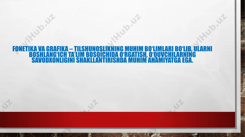 ituvchilarga o‘quvchilarni nutq va yozuvda mustaqil fikrlash, aniq ifodalay olish qobiliyatlarini shakllantirishda yordam beradi. mavzu yuzasidan testlar: 1. qaysi harf undosh tovushni ifodalaydi? • a) a • b) o • c) t • d) e javob: c) t 2. quyidagi harflardan qaysi biri unli hisoblanadi? • a) m • b) i • c) s • d) k javob: b) i 3. “o‘qituvchi” so‘zida nechta harf bor? • a) 7 ta • b) 8 ta • c) 9 ta • d) 10 ta javob: b) 8 ta 4. “qalam” so‘zida nechta tovush mavjud? • a) 3 ta • b) 4 ta • c) 5 ta • d) 6 ta javob: c) 5 ta 5. quyidagi so‘zlardan qaysi birida ikki unli tovush bor? • a) kitob • b) gul • c) oyna • d) daraxt javob: c) oyna 6. “telefon” so‘zida nechta undosh harf bor? • a) 2 ta • b) 3 …
