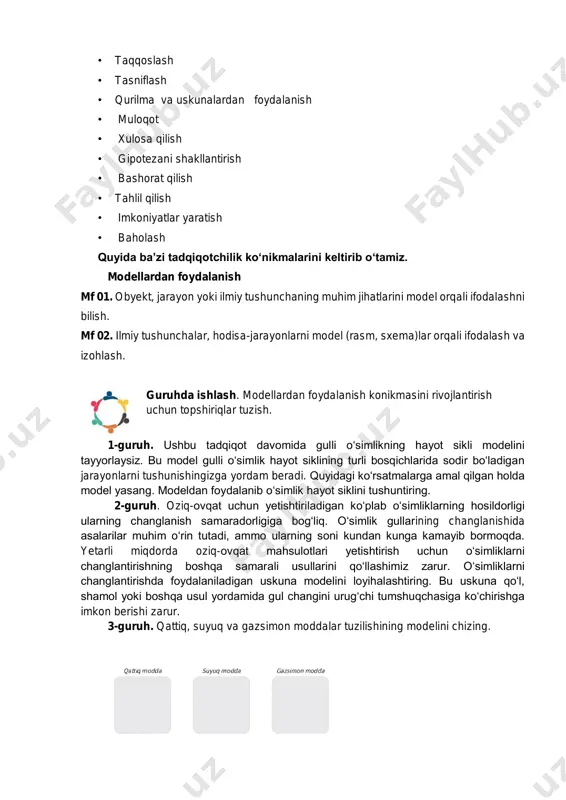 sh • taqqoslash • tasniflash • qurilma va uskunalardan foydalanish • muloqot • xulosa qilish • gipotezani shakllantirish • bashorat qilish • tahlil qilish • imkoniyatlar yaratish • baholash quyida ba’zi tadqiqotchilik ko‘nikmalarini keltirib o‘tamiz. modellardan foydalanish mf 01. obyekt, jarayon yoki ilmiy tushunchaning muhim jihatlarini model orqali ifodalashni bilish. mf 02. ilmiy tushunchalar, hodisa-jarayonlarni model (rasm, sxema)lar orqali ifodalash va izohlash. guruhda ishlash. modellardan foydalanish konikmasini rivojlantirish uchun topshiriqlar tuzish. 1-guruh. ushbu tadqiqot davomida gulli o‘simlikning hayot sikli modelini tayyorlaysiz. bu model gulli o‘simlik hayot siklining turli bosqichlarida sodir bo‘ladigan jarayonlarni tushunishingizga yordam beradi. quyidagi ko‘rsatmalarga amal qilgan holda model yasang. modeldan foydalanib o‘simlik hayot siklini tushuntiring. 2-guruh. oziq-ovqat uchun yetishtiriladigan ko‘plab o‘simliklarning hosildorligi ularning changlanish samaradorligiga bog‘liq. o‘simlik gullarining changlanishida asalarilar muhim o‘rin tutadi, ammo ularning soni kundan kunga kamayib bormoqda. yetarli miqdorda oziq-ovqat mahsulotlari yetishtirish uchun o‘simliklarni changlantirishning boshqa samarali usullarini qo‘llashimiz zarur. o‘simliklarni changlantirishda foydalaniladigan uskuna …