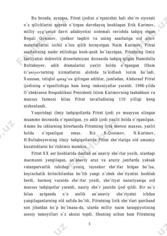 . magistrlik ishining tadqiq uslubi. prezident islom karimovning milliy g’oya va mafkura hamda ma`naviyat haqidagi qarashlari metodologik asos qilib olindi. mazkur mavzuni yoritishda, asosan, analiz va qiyosiy metoddan foydalanildi. magistrlik dissertatsiyasining ob`ekti. mazkur magistrlik dissertatsiyasini yozishda, asosan, fitrat “tanlangan asarlar”i 5 tomligidan foydalanildi. magistrlik dissertatsiyasining tarkibiy tuzilishi. ish kirish, uch asosiy bob, xulosa hamda foydalanilgan adabiyotlar ro`yxatidan iborat. 8 birinchi bob fitrat va ilmiy-nazariy qarashlar taraqqiyoti. 1.1. fitrat mumtoz adabiy asarlar xususida fitratni mumtozshunos olim sifatida umuman mumtoz adabiyot, biror shoirning umuman ijodigina emas, balki ayrim olingan asarlar ham qiziqtirgan. bu borada uning “devoni lug’atit turk”, “hibatul haqoyiq”, “ming bir kecha” haqida yaratgan tadqiqotlari , “qutadg’u bilig”, “farhod va shirin” dostoni to`g’risida” nomli maqolalari e`tiborga molikdir. hozirgi adabiyotshunoslikda «qutadg’u bilig” asarining uch qo`lyozma nusxasi ma`lum: vena, qohira va namangan nusxalari. hozir toshkentda saqlanayotgan va ilmda namangan nusxasi deb nomlangan uchinchi nusxasi xx asrning boshlariga kelib ma`lum bo`ldi. bu nusxaning topilishida …