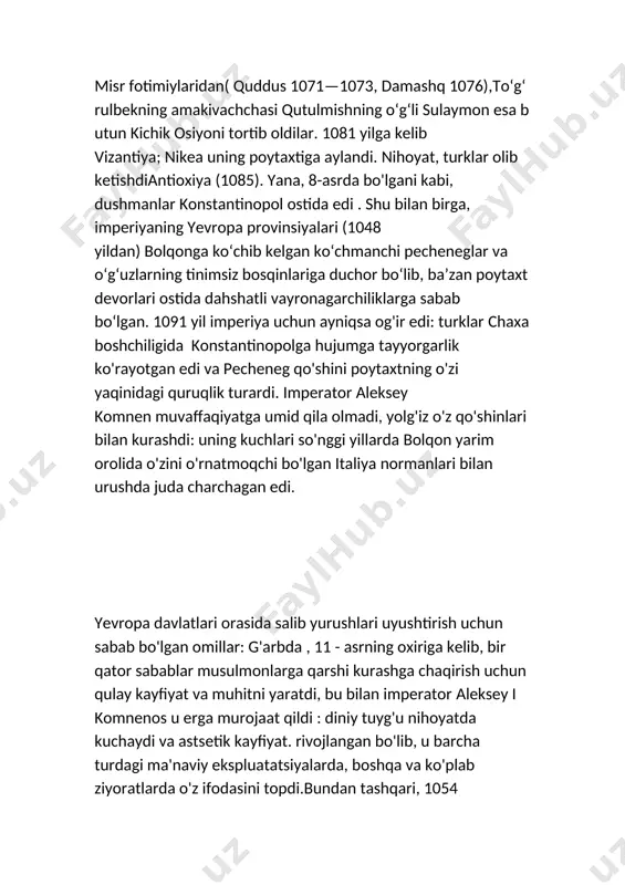 1 yil imperiya uchun ayniqsa og'ir edi: turklar chaxa boshchiligida konstantinopolga hujumga tayyorgarlik ko'rayotgan edi va pecheneg qo'shini poytaxtning o'zi yaqinidagi quruqlik turardi. imperator aleksey komnen muvaffaqiyatga umid qila olmadi, yolg'iz o'z qo'shinlari bilan kurashdi: uning kuchlari so'nggi yillarda bolqon yarim orolida o'zini o'rnatmoqchi bo'lgan italiya normanlari bilan urushda juda charchagan edi. yevropa davlatlari orasida salib yurushlari uyushtirish uchun sabab bo'lgan omillar: g'arbda , 11 - asrning oxiriga kelib, bir qator sabablar musulmonlarga qarshi kurashga chaqirish uchun qulay kayfiyat va muhitni yaratdi, bu bilan imperator aleksey i komnenos u erga murojaat qildi : diniy tuyg'u nihoyatda kuchaydi va astsetik kayfiyat. rivojlangan bo'lib, u barcha turdagi ma'naviy ekspluatatsiyalarda, boshqa va ko'plab ziyoratlarda o'z ifodasini topdi.bundan tashqari, 1054 yilda cherkov bo'linishi sodir bo'ldi - katoliklar va pravoslavlar bir- birini anatematizatsiya qilishdi . ayniqsa, ko'plab ziyoratchilar uzoq vaqtdan beri falastinga, muqaddas qabristonga yuborilgan ; 1064 yilda, masalan, mayns arxiyepiskopi zigfrid maynslik olomon yetti …