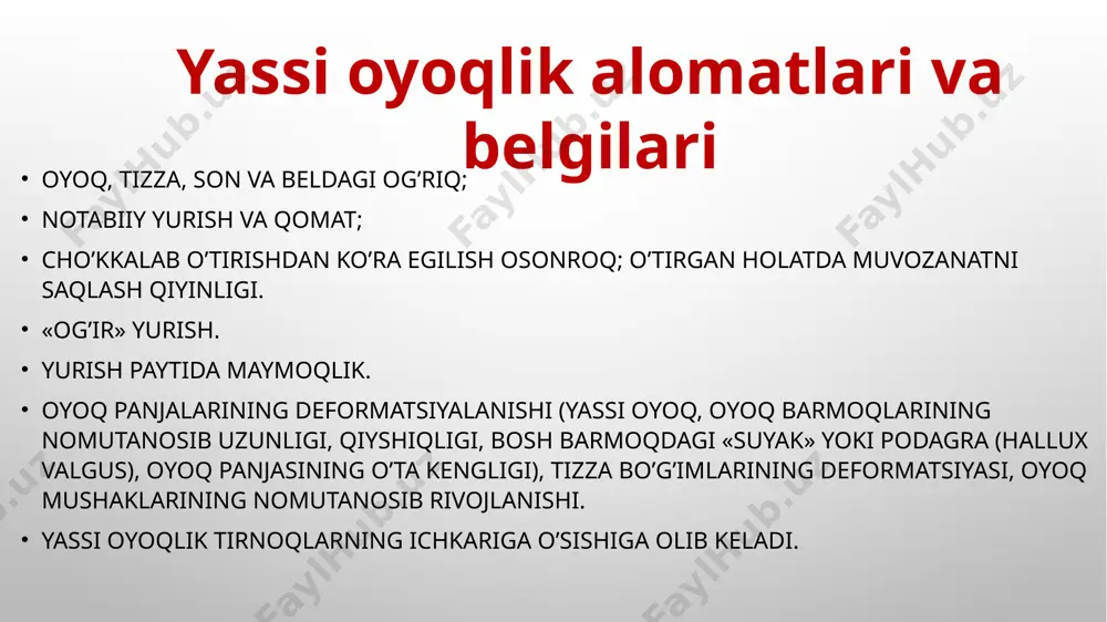 i. buning asosiy sababi, eng avvalo, ortiqcha vazndir. kasb-hunarlari uzoq vaqt oyoqda turishni talab qiladigan odamlar — sartaroshlar, sotuvchilar, stanok operatorlari ham bu kasallikka chalinishadi. bu odamlar yassi oyoqlik orttirib olish xavfi yuqori bo’lgan guruhga kiradi, xuddi soatlab operatsiya stoli oldida turadigan jarroh kabi. ko’ndalang yassi oyoqlikda oyoqning ko’ndalang yoyi yassilanadi, uning old qismi barcha beshta kaft suyaklarning boshchalariga tayanadi, oyoq panjasi uzunligi kaft suyaklarning yelpig’ich shaklidagi tarqalishi, birinchi barmoqning tashqariga og’ishi va o’rta barmoqning bolg’acha shaklidagi deformatsiyasi tufayli kamayadi. bo’ylama yassi oyoqlikda esa oyoq bo’ylama yoyi yassilanadi va oyoq yerga oyoq panjasining deyarli butun yuzasi bilan tegadi, oyoq uzunligi ortadi. yassilanish to’g’ridan-to’g’ri tana vazniga bog’liq: tana vazni, demakki oyoqlarga tushadigan yuk qanchalik katta bo’lsa, bo’ylama yassi oyoqlik shunchalik ko’proq aniqlanadi. bu patologiya asosan ayollarda uchraydi. bo’ylama yassi oyoqlik ko’pincha 16-25 yoshli, ko’ndalang esa — 35-50 yoshli kishilarda aniqlanadi. kelib chiqishi bo’yicha yassi oyoqlik tug’ma, travmatik. paralitik va statik turlarga …