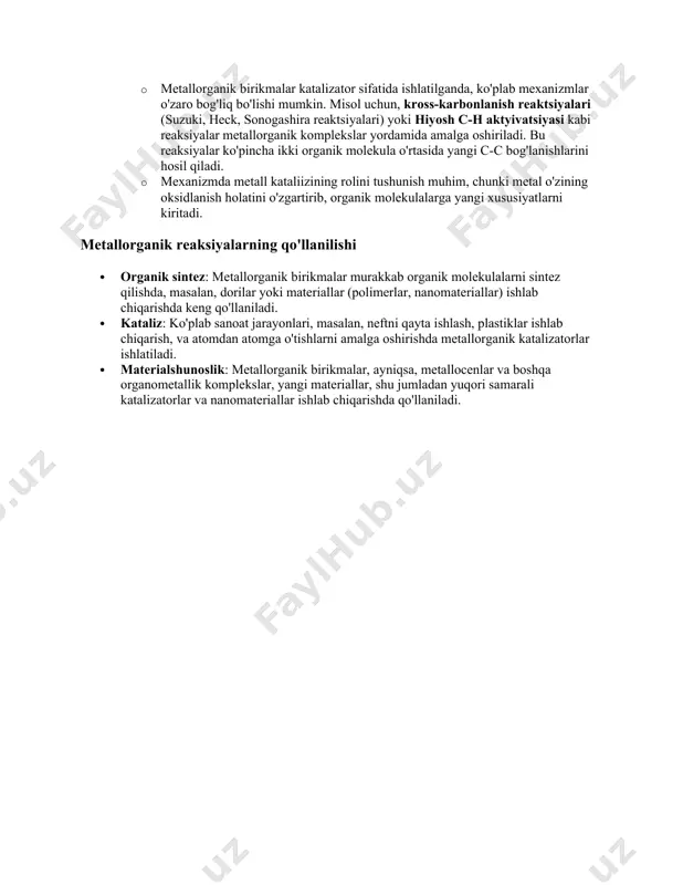 anik komplekslar ko'pincha o'zaro kooperativ ta'sirlar orqali kristallanish jarayonlariga kirishadi. bu jarayonlarda, komplekslar o'zaro bog'lanib, tuzlarni yoki ko'proq murakkab strukturaviy birikmalarni hosil qiladi. · reaktsiyalar dimerizatsiya yoki trimetallik komplekslar hosil qilish kabi ko'p qadamli mexanizmlar orqali amalga oshishi mumkin. 5. c-h aktyivatsiya va karbon-karbon bog'lanish hosil qilish: · metallorganik komplekslar organik molekulalardagi c-h bog'lanishlarini aktivlashtirish va karbon-karbon bog'lanishlarini hosil qilishda muhim rol o'ynaydi. · bu jarayonlar ko'pincha organometallic katalizatorlar yordamida amalga oshiriladi va ko'plab murakkab organik molekulalarni sintez qilishda qo'llaniladi. 6. metallorganik kataliz: · metallorganik birikmalar katalizator sifatida ishlatilganda, ko'plab mexanizmlar o'zaro bog'liq bo'lishi mumkin. misol uchun, kross-karbonlanish reaktsiyalari (suzuki, heck, sonogashira reaktsiyalari) yoki hiyosh c-h aktyivatsiyasi kabi reaksiyalar metallorganik komplekslar yordamida amalga oshiriladi. bu reaksiyalar ko'pincha ikki organik molekula o'rtasida yangi c-c bog'lanishlarini hosil qiladi. · mexanizmda metall kataliizining rolini tushunish muhim, chunki metal o'zining oksidlanish holatini o'zgartirib, organik molekulalarga yangi xususiyatlarni kiritadi. metallorganik reaksiyalarning qo'llanilishi · organik sintez: …