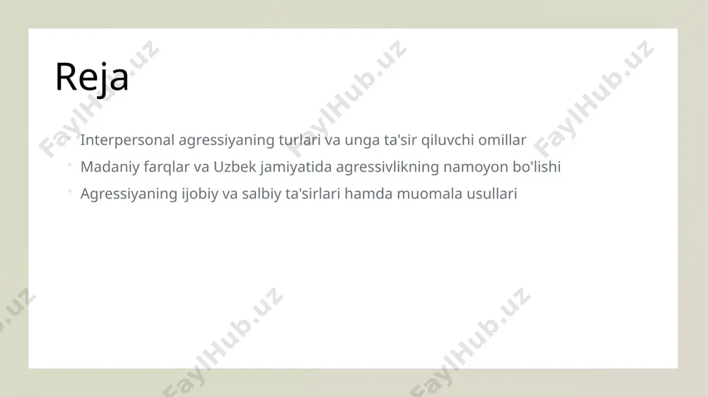 ivlikni nazorat qilishda muhim rol o'ynaydi. an'anaviy qadriyatlar hurmat va hamjihatlikni rivojlantiradi, agressiyani kamaytiradi. muloqot tarzlari va agressiv xatti-harakatlarning rivojlanishi 1 muloqot usullari muloqot usullari individuallarning agressiv xatti-harakatlarini rivojlantirishi yoki kamaytirishi mumkin. to'g'ri muloqotdagi ochiqlik va hurmat agressiyani oldini oladi. 2 emotsional reaktsiyalar qandaydir muammo yoki g'azab paydo bo'lsa, emotsional reaktsiyalar agressivlikni kuchaytirishi mumkin. tinchlik bilan javob berish muammoni hal qilishga yordam beradi. 3 konfliktli vaziyatlar konfliktlar kommunikatsiya qobiliyatini sinovdan o'tkazadi. yaxshi muloqot va tinglash qobiliyati agressiv xatti-harakatlarni kamaytirishga yordam beradi. 4 muloqotdagi rivojlanish muloqot tarzining rivojlanishi insonlar o'rtasida tushunishni oshiradi, agressivlikni kamaytiradi va sog'lom muomala muhitini shakllantiradi. stress va frustratsiya ning agressiyani kuchaytiruvchi roli stressning ta’siri stress va frustratsiya insonlarning psixologik holatini buzib, agressiv xatti-harakatlarni kuchaytiradi, shuningdek, muomala va qaror qabul qilish qobiliyatini pasaytiradi. frustratsiya va agressiya frustratsiya, maqsadga erisha olmaslik yoki muammolar bilan yuzlashganda, agressiyani keltirib chiqarishi mumkin. bu emotsional zo‘riqishni oshiradi. stress va xulq-atvor uzun davom etgan …