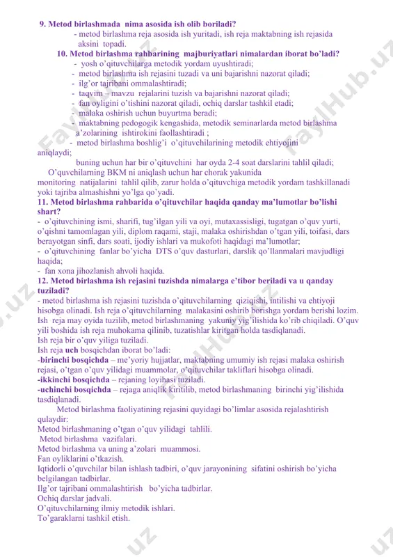 yig’ilishi qancha muddatda o’tadi? - metod birlashma yig’ilishi kamida bir oyda bir marta o’tkaziladi. 5. metod birlashma qanday shaklda tashkillanadi? - o’z-o’zini boshqarish shaklida 6. metod birlashma boshlig’i kim tomonidan tayinlanadi? - metod birlashma rahbari maktab pedogogika kengashi qaroriga asosan ijodkor va tajribali o’qituvchilardan maktab direktori buyrug’i bilan tayinlanadi. 7. metod birlashma ishini kim nazorat qiladi? - metod birlashma ishini maktab ibm rahbarligida maktab metod kengashi tomonidan muvofiqlashtirib boriladi. har bir fan yo’nalish bo’yicha metod birlashma rahbari maktab metod kengashi a’zosi bo’ladi. 8. metod birlashma hujjatlari nimalardan iborat? 1. ish reja 2. hisobotlar 3. yig’ilishlar 4. metod birlashma faoliyatiga aloqador bo’lgan o’quv – metodik hujjatlari nusxasi. 5. metod birlashmaga yuqori tashkilotlardan kelgan o’quv-metodik hujjatlar nusxasi. 9. metod birlashmada nima asosida ish olib boriladi? - metod birlashma reja asosida ish yuritadi, ish reja maktabning ish rejasida aksini topadi. 10. metod birlashma rahbarining majburiyatlari nimalardan iborat bo’ladi? - yosh o’qituvchilarga metodik yordam …