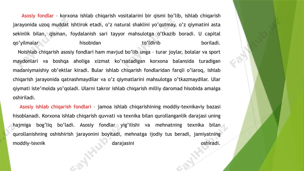 lardan quvvat bo’yicha foydalanganlik (unumdorlik) darajasini aks ettiradi; - asosiy ishlab chiqarish fondlaridan integral foydalanish koeffitsienti, barcha ekstensiv va intensiv omillardan birgalikda foydalanishni hisobga oladi. ko’rsatilgan ko’rsatkichlarning har biri amaliyotda mustaqil ma’noga ega bo’lib, turli maqsadlarga erishish uchun foydalaniladi. masalan, asosiy ishlab chiqarish fondlaridan vaqt bo’yicha qanday foydalanilganligini (ekstensiv foydalanish) baholash asbob-uskunalarning smenalik koeffitsienti, uskunalarni koeffitsienti, smena davomida uskunalarning bekor turib qolishi, uskunalardan smenalarda foydalanish koeffitsienti kabi ko’rsatkichlar qo’llaniladi. asosiy ishlab chiqarish fondlarning boshlang’ich narxi – bu, uni sotib olish yoki tayyorlash, olib kelish va o’rnatish (montaj) uchun qilingan xarajatlar summasidan tashkil topadi. tiklangan narxi - zamonaviy sharoitda asosiy fondlarni qayta tiklashda qilingan xarajatlar summasi tushunilib, odatda u fondlarni qayta baholash vaqtida o’rnatiladi. qoldiq qiymati - asosiy fondlarning boshlang’ich yoki tiklangan narxi va ularning eskirishi summasi oralaridagi farqi asosida aniqlanadi. asosiy ishlab chiqarish fondlaridan foydalanishni xususiy va natural ko’rsatkichlarining uch guruhga birlashtirish mumkin: - asosiy ishlab chiqarish fondlaridan foydalanishning vaqt …