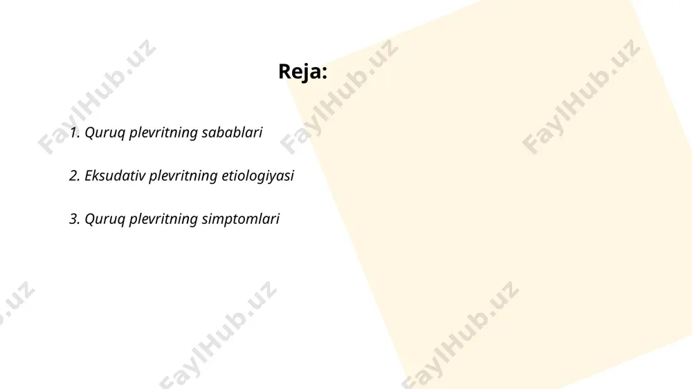 o'tarilishi mumkin. bemorda nafas olish yuzaki bo'lib, chuqur nafas olishdan qochish hollari kuzatilishi mumkin. simptomlarning og'irligi odatda plevraning zararlanish darajasiga bog'liq bo'ladi. bemorlarni ko'pincha yonboshlab yotish qulayroq his qiladi, bu esa og'riqni kamaytirishi mumkin. ... t.me/slaydai_bot eksudativ plevrit belgilarini quyidagicha tasvirlash mumkin: bemor ko'krak qafasida og'riq, nafas olish qiyinligi va quruq yo'talni kuzatishi mumkin. ko'pincha tana harorati ko'tariladi. bunday holatda, rentgen yoki ultratovush tekshiruvlari plevra bo'shlig'ida suyuqlik to'planishini aniqlashi muhim. tahlillar plevral suyuqlikning xususiyatlarini (qon, oqsil miqdori) aniqlashda yordam beradi. bemorlarning taxminan 60-70%ida plevrit infektsiyalari tufayli rivojlanadi. dori-darmonlar va drenajlash yo'li bilan davolash mumkin. tashxis va davolash jarayoni ko'pincha mutaxassislar, masalan, pulmonologlar yoki terapevtlar tomonidan olib boriladi. ... t.me/slaydai_bot plevritning tashhisi uchun birinchi navbatda bemorning tibbiy tarixini o‘rganish va jismoniy ko‘rik o‘tkazish kerak. shifokor plevraning yallig‘lanish belgilarini izlaydi, masalan, ko‘krak qafasi og‘rig‘i va nafas olishda qiyinchilik. keyinchalik rentgen nurlari, ultratovush yoki kompyuter tomografiyasi (kt) yordamida plevral suyuqlik to‘planishi aniqlanadi. plevral …
