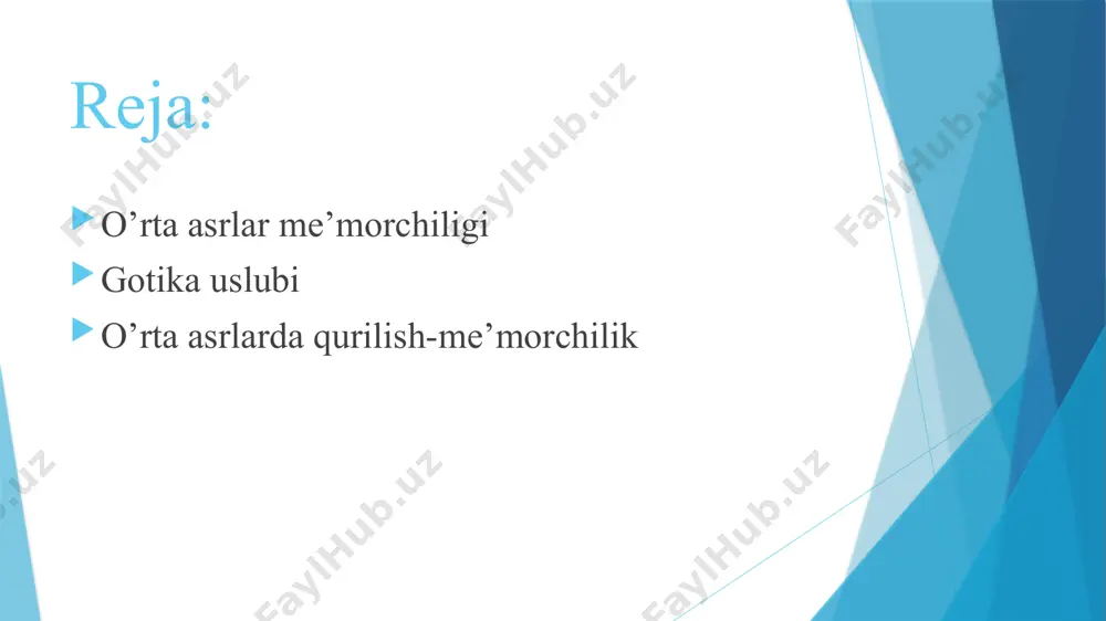 noning bo’yiga tengdir. ushbu yirik inshoatlar ba’zan yuzlab yillar davomida qurilgan. xiii asrda italiya va germaniyada, xii asrda fransiyada gotika uslubi to’la hukmronlik qildi. bu davrda memorchilik san’atning butunlay yetakchi turiga aylanib, bunda diniy inshoatlar-cherkov va ibodatxonalar qurilishi ustivor yo’nalishni tashkli qiladi. gotik me’morchilik ikki qism- tuzilishi (konstruksiya) va dekor (bezaklar)ning organik birligidir. roman uslubida qurilgan ibodatxonalarning ichki devorlariga, shiftga ko’p surat solinadi. bu suratlarda aziz avliyolar, xudo siymolari tasvirlanardi. so’nggi davrlarda qurila boshlangan gotika uslubidagi ibodatxonalar devorlarida suratlar nisbatan kam bo’lgan. ularning o’rniga katta derazalar, qo’rg’oshin gardish bilan bir-biriga ulangan, rangli oyna parchalaridan ishlangan vitrajlar, surat va manzaralar ibodatxona ichidagi ustunlarda , gumbaz va polda jilvalanib, unga benihoya chiroyli hamda tantanali tus bergan. o’rta asrlarda qurilish-me’morchilik sohasida ham katta burilish yuz berdi. binolar yanada go’zallashib, kishilar uchun qulayliklar ortib bordi. bu davrdagi yevropa me’morchiligida roman va gotika uslublaridan tashqari italiyadagi vizantiya uslubidan (vinetsiyadagi avliyo mark cherkovi, qisman dojlar saroyi …