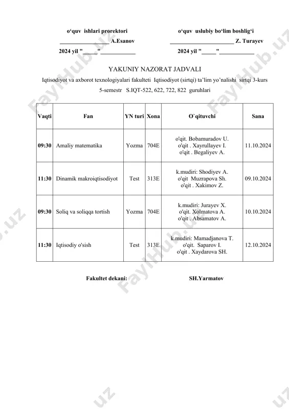 ti o‘quv ishlari prorektori _________________a.esanov 2024 yil "_____"____________ "kelishildi" termiz iqtisodiyot va servis universiteti o‘quv uslubiy bo‘lim boshlig‘i ______________________ z. turayev 2024 yil "_____"____________ yakuniy nazorat jadvali iqtisodiyot va axborot texnologiyalari fakulteti iqtisodiyot (sirtqi) ta’lim yo’nalishi sirtqi 3 kurs 5 semestr s.iqt-922, 1022, 1122, 1222 guruhlari vaqti fan yn turi xona o`qituvchi sana 16:00 amaliy matematika yozma 313e k.mudiri: xoliyorov e. o'qit . xayrullayev i. o'qit . begaliyev a. 09.10.2024 16:00 dinamik makroiqtisodiyot test 704e k.mudiri: shodiyev a. o'qit muzrapova sh. o'qit . xakimov z. 10.10.2024 16:00 soliq va soliqqa tortish yozma 703e k.mudiri: jurayev x. o'qit. xolmatova a. o'qit . absamatov a. 11.10.2024 16:00 iqtisodiy o'sish test 313e k.mudiri: mamadjanova t. o'qit. saparov i. o'qit . eshqulova n. 08.10.2024 fakultet dekani: sh.yarmatov "tasdiqlayman" termiz iqtisodiyot va servis universiteti o‘quv ishlari prorektori _________________a.esanov 2024 yil "_____"____________ "kelishildi" termiz iqtisodiyot va servis universiteti o‘quv uslubiy bo‘lim boshlig‘i ______________________ z. turayev 2024 …