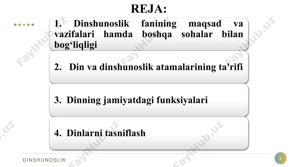 lil qiladi va h.k. din psixologiyasi 8 dinshunoslik 8 insonga oid bo‘lgan diniy hayotning turli jihatlarini psixologik jihatdan o‘rganadi dinning psixologik jihatini, shaxsning diniy tajribasini va bu tajribaning turli ko‘rinishlarini bayon qilishga harakat qiladi kishining diniy his, tushuncha va yashash tarzi din psixologiyasining asosiy mavzusidir din falsafasi 9 dinshunoslik «din»ni falsafadan kelib chiqib tadqiq qiladi qandaydir bir yaratuvchi kuch e'tiqodiga falsafiy bir asos topishga harakat qiladi diniy hukmlarning mantig‘i va mohiyatini ochib beradi xudoning mavjudligi bilan bog‘liq dalillarning tanqid yoki tahlilini qiladi 10 arab tilida bo'ysunmoq, bo'yin egmoq, itoat etmoq, kimdandir qarzdor bo'lmoq, e'tiqod qilmoq, qilgan ishiga yarasha mukofotlanmoq o'zbek tilida ishonch,ishonmoq, e’tiqod,mulk, hukm, hisob, itoat qilish, yo’l tutish rus tilida diyonat, dindorlik, taqvodorlik, xudojo'ylik, mo'minlik, taqvo, muqaddas narsa yoki joy, qadamjo, ziyoratgoh, ibodat-topinish-sig'inish va u bilan bog'liq diniy marosimlar din va dinshunoslik atamalarining ta'rifi dinshunoslik din haqida fikrlar 11 dinshunoslik «din, insonning muqaddas deb bilgan narsalariga nisbatan munosabatidir». rudolf …