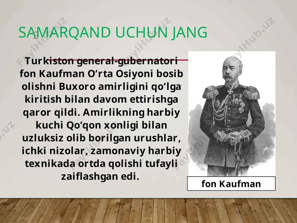 ngi bosib olingan hududlarda samarqand va kattaqo‘rg‘on bo‘limlaridan iborat zarafshon okrugi tuzildi. unga general abramov boshliq qilib tayinlandi. fon kaufman 1868-yil 23-iyunda samarqandda amir muzafar bi­lan buxoro amirligini rossiya imperiyasining protektoratiga aylantirgan shartnomani imzoladi. rossiya imperiyasining o‘rta osiyodagi istilochilik urushining ikkinchi bosqichi samarqandning egallanishi va buxoro amirligining rossiya imperiyasi protektoratiga aylanishi bilan yakunlandi. 1873 yildagi shartnoma buxoro bilan rossiya imperiyasi 1873-yilda amirlikka o‘z vakilini tayinlash huquqini beruvchi yangi shartnomani imzoladi. 1885-1887-yillardagi muzokaralar natijasida chegaralarni belgilash bo‘yicha ingliz-rus komissiyasi rossiya imperiyasi ning o‘rta osiyodagi buxoro amirligi yerlari bilan afg‘oniston o‘rtasidagi chegara chizig‘ini belgilashni nihoyasiga yetkazdi. e’tiboringiz uchun rahmat! image2.jpeg image3.jpg image4.jpeg image5.jpg image6.jpeg image7.jpg image8.jpg image9.jpeg image10.jpeg image11.jpeg image12.jpg image13.jpeg image14.jpg image15.jpeg image1.jpg /docprops/thumbnail.jpeg