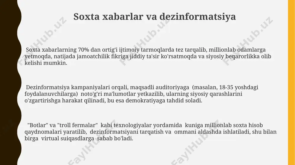 keladi va depressiya xavfini oshiradi. kiber-tajovuzkorlik va siyosiy manipulyatsiya kabi tahdidlar 15-25 yoshdagi yoshlar orasida o'ziga xos ishonchsizlikni va ijtimoiy izolyatsiyani keltirib chiqarishi mumkin, bu esa ruhiy salomatlikka salbiy ta'sir ko'rsatadi. soxtalashtirilgan profil va firibgarlik holatlarining ko'payishi (taxminan 10% foydalanuvchilar), shaxsiy ma'lumotlarning oshkor bo'lishi va moliyaviy yo'qotishlarga olib kelishi mumkin. aldov va firibgarlik firibgarlar, o'rtacha 2000 aqsh dollari miqdorida pul olish uchun, "romantik aldov" yoki "investitsiya takliflari" kabi turli sxemalarni qo'llaydilar. ijtimoiy muhandislik texnikalarini qo'llagan holda, firibgarlar 5000 dan ortiq odamni aldab, ularning bank kartasi ma'lumotlarini olishgan. aldov va firibgarlikning 70% dan ortig'i ijtimoiy tarmoqlarda soxta profiling orqali amalga oshiriladi, bu yerda qurbonlar pul yoki shaxsiy ma'lumotlarini yo'qotishlari mumkin. vaqtni behuda sarflash oʻrtacha foydalanuvchi kuniga 50 dan ortiq bildirishnoma oladi, bu esa diqqatni chalgʻitishga, stressga va vaqtni samarali ishlatmaslikka olib keladi, natijada foydali ishlarga sarflanadigan vaqt kamayadi. doimiy ravishda ijtimoiy tarmoqlarni kuzatish, miyaning dopamin (xursandchilik gormoni) chiqarilishini buzadi va 10% …