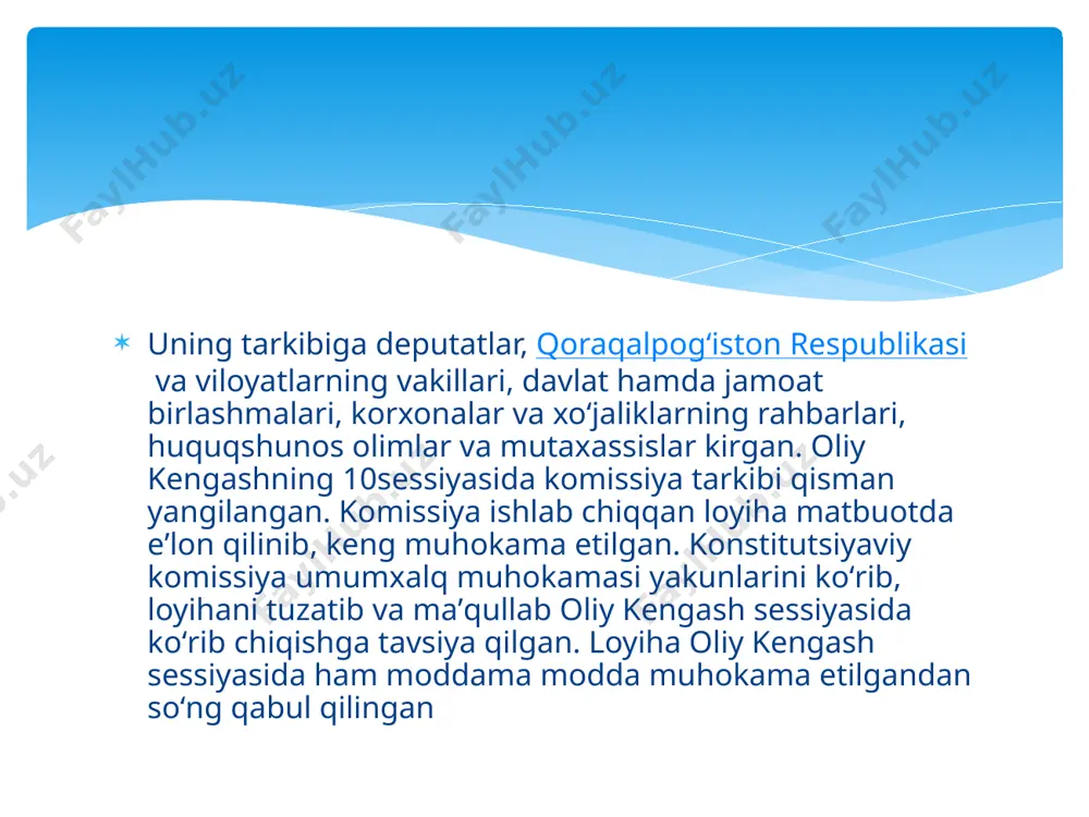 r inson bilim olish, tibbiy xizmatdan foydalanish huquqiga ega. konstitutsiyada har bir shaxsga oʻz huquq va erkinliklarini sud orqali himoya qilish, davlat organlari, mansabdor shaxslar, jamoat birlashmalarining gʻayriqonuniy xattiharakatlari ustidan sudga shikoyat qilish huquqi kafolatlanadi. xotin-qizlar va erkaklar teng huquklidirlar. konstitutsiya va qonunlarga rioya etish fuqarolar uchun majburiydir. oʻzbekistonni himoya qilish – mamlakat har bir fuqarosining burchidir. fuqarolar qonunda belgilangan tartibda harbiy yoki muqobil xizmatni oʻtashga majburdirlar. /docprops/thumbnail.jpeg