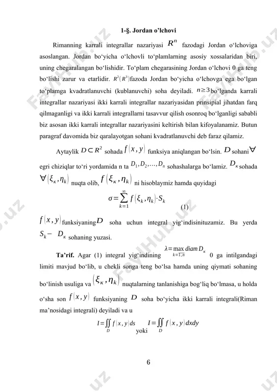 irt bilan chegaralangan hajm bo‘yicha maydon divergensiyasidan olingan uch karrali integralga teng. divergensiyani hisoblashda quyidagi xossalardan foydalaniladi: bu yerda skalyar maydonni aniqlovchi funksiya birinchi tur egri chiziqli integrallar oddiy aniq integrallarning qanday umumlashtirilishi bo`lsa, birinchi tur sirt integrallari ham ikki karrali integrallarining shunday tabiiy umumlashtirilishidir. bizga bo`lakli silliq kontur bilan chegaralangan ikki tomonli silliq (yoki bo`lakli silliq) sirt berilgan bo`lib, funksiya shu sirtda aniqlangan bo`lsin. (s) sirtnitarzda o`tkazilgan egri chiziqlar to`ri yordamida qismlarga ajratamiz. ning yuzasini deb belgilaymiz .har bir da nuqta olib integral yig`indini tuzamiz va deb belgilaymiz. ta’rif. agar mavjud va chekli bo`lib, i ning qiymati (s) sirtning bo`linish usuli hamda nuqtalarning tanlanishiga bog`liq bo`lmasa, u holda i ga funksiyadan (s) sirt bo`yicha olingan 1-tur sirt integralideyiladi va kabi belgilanadi. teorema. agar sirt ushbu ko`rinishda berilgan bo`lib, va bo`lsa, u holda bo`ladi. bo`lib, bo`lakli silliq egri chiziq va ning tekisligiga proyeksiyasi bo`lsin. faraz qilaylik, (s) sirtda uzluksiz funksiyalar …