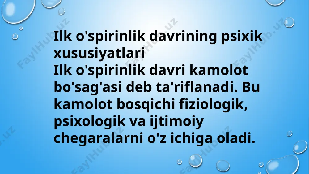 i isbotlashga juda qiziqadilar. o'spirinlik davrida bilish jarayonlarining rivoji faol ravigada davom etadi, lekin, bu rivojlanish uspirinning uziga va uning atrofidagi kuzatuvchilarga kam seziladi bu davrga kelib, uspirinlar to'la ravishda mantiqiy tafakkurga ega bo'ladilar, nazariy fikr yuritib, o'zlarini-o'zlari taxlil eta oladilar. ular endi bemalol axloqiy, siyosiy va boshqa mavzularda bahsdasha olib, uz munosabatlarini bildira oladilar. o'spirinlik davrida bolalar juda kup ilmiy tushunchalarni uzlashtarib, ulardan turli masala va muammolarni yengishda foydalana oladilar. bolalarda anglash va uzuzini anglash sezilarli darajada usadi. o'spirinning o'z-o'zini anglashi uquv, mehnat va muloqot motivatsiyalarini o'zgarishida uz aksini topadi. bu davrda, bolada yangi faoliyatlar yuzaga kelib, psixik rivojlanishida yangi bosqich boshlanadi. o'spirin o'quvchining o'smirlik davridagi boladan o'zgacharoq yana bir xususiyati - bu, murakkab shaxslararo munosabatlarda aks etuvchi burch, vijdon hissini anglash, o'z qadr-qimmatini e'zozlashi, sezishi va fahmlashga ko'proq moyilligidir. o'spirin o'quvchida o'zini anglashi negizida o'zini ta'limlash istagi tug'iladi. natijada unda o'z-o'zini ta'limlash vositalarini saralash, ularni kundalik turmushga tadbiq …
