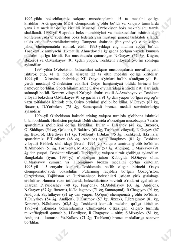 a. razmaxov sermahsul faoliyat yuritib keladilar. butun jahonga taniqli bo‘lgan bokschilar - xxvi olimpiya o‘yinlari sovrindori k.to‘laganov; xxvii olimpiya o‘yinlari chempioni, 1999-yil jahon chempioni, 1998-yil jahon kubogi sovrindori, o‘zbekistonda xizmat ko‘rsatgan sportchi muhammadqodir abdullayev; 1999 va 2000-yillar jahon chempioni, o‘zbekistonda xizmat ko‘rsatgan sportchi ruslan chagayev; xxviii olimpiya o‘yinlari sovrindori, 1999-yil jahon chempioni o‘tkir haydarov; xxvii olimpiya o‘yinlari bronza medali sohibi sergey mixaylov; 1997 va 1999-yillar osiyo chempioni, jahon chempionati va kubogi finali ishtirokchisi, o‘zbe-kistonda xizmat ko‘rsatgan sportchi to‘lqin turg‘unovlar mazkur maktabda tarbiyalanib, voyaga yetganlar. samarqand, buxoro, jizzax, xorazm boks maktablari ham o‘z o‘rinlariga ega. toshkent viloyati va qoraqalpog‘iston respublikasi bokschilari kuchli sportchilar hisoblanadi. mustaqilligimizning birinchi yillarida bokschilarimiz xalqaro musobaqalarda 12 ta medal sohibiga aylandilar. artur grigoryan x sobiq ittifoq xalqlari spartakiadasida va ittifoq kubogida ikkita oltin medalga sazovor bo‘ldi. 1992-yilda bokschilarimiz xalqaro musobaqalarda 15 ta medalni qo‘lga kiritdilar. a.grigoryan mdh chempionati g‘olibi bo‘ldi va xalqaro turnirlarda yana 7 ta medallar …