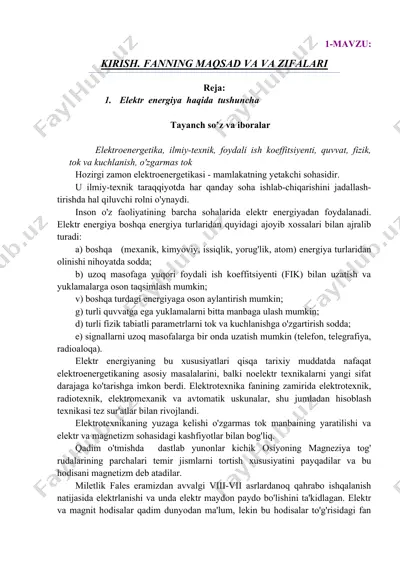 elektroenergetika va uning xususiyatlari — DOCX