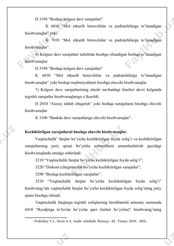 chiktirilgan xarajatlar” hisobvarag’ining kreditidan ushbu xarajatlarni hisobga oluvchi tegishli hisobvaraqlarning debetiga o’tkaziladi. 3210 “vaqtinchalik farqlar bo’yicha kechiktirilgan foyda solig’i”, 3220 “diskont (chegirma)lar bo’yicha kechiktirilgan xarajatlar”, 3290 “boshqa kechiktirilgan xarajatlar” hisobvaraqlari bo’yicha analitik hisob kechiktirilgan xarajatlarning har bir turi, har bir davri va hisobdan chiqarish muddatlari bo’yicha yuritiladi. quyida kechiktirilgan xarajatlari harakati bo’yicha muoamalalarni buxgalteriya hisobida aks ettirilishi ko’rsatilgan: 1) vaqtinchalik farqlarga tegishli bo’lgan xarajatlar bo’yicha hisoblangan soliqlarning joriy qismi: d 3210 “vaqtinchalik farqlar bo’yicha kechiktirilgan foyda solig’i” k 6410 “byudjetga to’lovlar bo’yicha qarz (turlari bo’yicha)”. 2) vaqtinchalik farqlar bo’yicha kechiktirilgan soliqni uzoq muddatli qismidan joriy qismiga o’tkazish: d 3210 “vaqtinchalik farqlar bo’yicha kechiktirilgan foyda solig’i” k 0950 “vaqtinchalik farqlar bo’yicha kechiktirilgan foyda solig’i”. 3) o’tgan hisobot davrida kechiktirilgan tegishli soliq summasiga joriy hisobot davrida byudjetga to’lanadigan soliqlar kamaytirildi: d 6410 “byudjetga to’lovlar bo’yicha qarz (turlari bo’yicha)” k 3210 “vaqtinchalik farqlar bo’yicha kechiktirilgan foyda solig’i”. 4) obligatsiyalarni chegirma bilan sotish:[footnoteref:2] [2: …