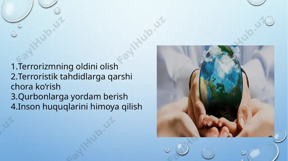 si (2020) bmt giyohvand moddalar va jinoyatchilik bo‘yicha boshqarmasi (unodc) tomonidan yoshlarni zo‘ravon ekstremizmga qarshi kurashga jalb etish maqsadida: yoshlar tomonidan olib borilayotgan tashabbuslarni qo‘llab-quvvatlash; zo‘ravon ekstremizmning oldini olish bo‘yicha yoshlar yetakchiligidagi loyihalarni amalga oshirish; yoshlar orasida tinchlik va xavfsizlikni mustahkamlashga qaratilgan faoliyatlarni rivojlantirish kabi yo‘nalishlarda ish olib borilmoqda. tahdidlarga qarshi kurash ishlari ✅ bmt qilgan ishlari: 2001-yildan beri bmt xavfsizlik kengashi 1373-sonli rezolyutsiya orqali: davlatlarga terrorizmga qarshi qonunlar yaratish majburiyatini yukladi. interpol va bmt qo‘shma reyestri orqali terrorchilar ro‘yxati yuritiladi. bmt yordamida chegaralarda biometrik nazorat tizimlari joriy qilinmoqda. terrorchilikka qarshi moliyaviy choralar: fatf hamkorligi bilan shubhali tranzaksiyalar bloklanadi. 1. bmt xavfsizlik kengashining 1373-sonli rezolyutsiyasi (2001-yil) 2001-yil 11-sentabr voqealaridan so‘ng qabul qilingan. barcha davlatlarga terrorizmga qarshi qat’iy qonunchilik yaratish, terrorchilarni moliyalashtirish va boshpanalashga yo‘l qo‘ymaslik majburiyati yuklatilgan. shuningdek, terroristik guruhlar bilan aloqador shaxslarga qarshi xalqaro chora-tadbirlar ko‘rishni talab qiladi. 2. interpol + bmt qo‘shma reyestri interpol va bmt hamkorligida xalqaro …