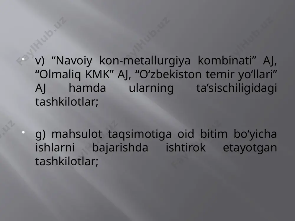 kdagi sanoat va texnologik obyektlarni qurishga ixtisoslashgan enter engineering kompaniyasi (844,4 mlrd so‘m) joylashgan. u mamlakatdagi deyarli barcha yirik loyihalarda pudratchi sifatida ishtirok etadi. beshinchi o‘rinni salqin ichimliklar ishlab chiqaruvchisi hisoblangan coca-cola ichimligi uzbekistan (634,2 mlrd so‘m), oltinchi o‘rinni “kapitalbank” (610,3 mlrd so‘m) egalladi yettinchi o‘ringa beeline mobil aloqa operatori joylashdi (576,6 mlrd so‘m). keyingi o‘rinda yana bir bank — hamkorbank turibdi (539,9 mlrd so‘m). international beverages tashkent (pepsi va boshqa ichimliklar ishlab chiqaruvchisi) to‘qqizinchi o‘rinni egalladi (342,8 mlrd so‘m). o‘zbekistonda kia, chery, haval va hyundai truck & bus avtomobillarini yig‘ish hamda ishlab chiqarish bilan shug‘ullanuvchi adm jizzakh avtokonserni 336 mlrd so‘m bilan 10-o‘rinni egalladi. image2.emf image3.png image4.png /docprops/thumbnail.jpeg