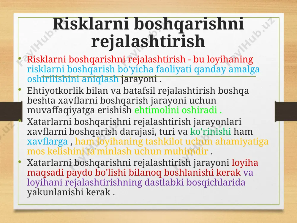 adan tijorat ma'lumotlar bazalari; akademik tadqiqotlar ; nashr etilgan nazorat ro'yxatlari; benchmarking; sanoat tadqiqotlari; xavfli munosabatlar. tashkilot jarayoni aktivlari xatarlarni aniqlash jarayoniga ta'sir qilishi mumkin bo'lgan tashkiliy jarayon aktivlari quyidagilarni o'z ichiga oladi, lekin ular bilan cheklanmaydi: loyiha arxivlari, shu jumladan haqiqiy ma'lumotlar; loyiha va tashkilot jarayonlarini boshqarish elementlari; risk tavsifi shablonlari; yig'ilgan bilim. xavfni aniqlash: vositalar va usullar 1. hujjatlarni tahlil qilish siz loyiha hujjatlarini, jumladan rejalar, taxminlar, oldingi loyihalar arxivlari, shartnomalar va boshqa manbalarni tuzilgan ko'rib chiqishni amalga oshirishingiz mumkin. rejalarning sifati, shuningdek, rejalarning izchilligi va ularning loyiha talablari va taxminlariga muvofiqligi loyihadagi xavflar ehtimoli ko'rsatkichlari bo'lib xizmat qilishi mumkin. 2. axborot yig'ish usullari aqliy hujum. delphi usuli. anketalar o'tkazish. ildiz sabablarini tahlil qilish. 3. tekshirish varaqalarini tahlil qilish 4. taxminlarni tahlil qilish 5. grafik tuzish usullari 6. kuchli, zaif tomonlari, imkoniyatlar va tahdidlarni tahlil qilish ( swot) 7. ekspert xulosasi e’tiboringiz uchun raxmat image5.png image6.png image7.png image3.png …