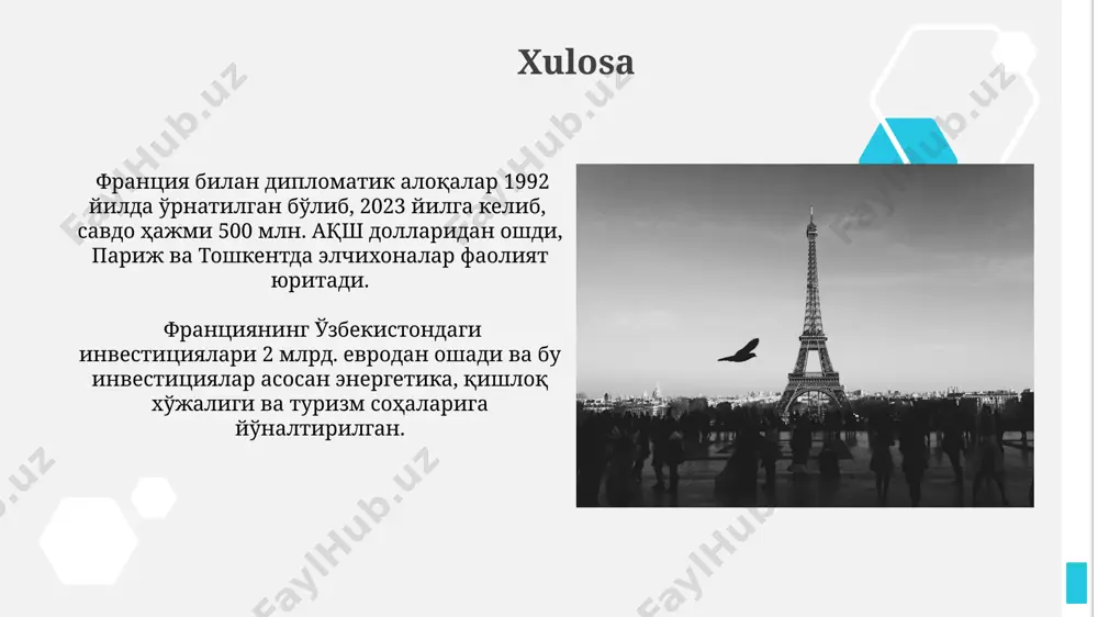 mutaxassislari ishtirok etdi, bu ikki mamlakat o'rtasidagi intellektual aloqalarni ko'rsatadi. fransiya va o'zbekiston o'rtasidagi madaniy almashinuvlar doirasida 2022-yilda 15 dan ortiq qo'shma ko'rgazmalar va festival tadbirlari, jumladan, samarqand va parijda bo'lib o'tdi. oʻzbekiston–fransiya munosabatlarining tarixi fransiya oʻzbekistonga 200 million evrodan ortiq miqdordagi investitsiyalarni jalb qilgan, bu esa ikki mamlakat o'rtasidagi iqtisodiy hamkorlikni yanada rivojlantirishga turtki boʻldi. 1992-yilda oʻzbekiston va fransiya oʻrtasida diplomatik munosabatlar oʻrnatildi, bu ikki davlat oʻrtasidagi hamkorlikning yangi bosqichini belgilab berdi, shuningdek, parizda elchixona ochildi. kelajakdagi istiqbollar oʻzbekiston va fransiya oʻrtasidagi savdo hajmini 2028 yilga kelib 500 million dollargacha oshirish boʻyicha aniq rejalarning mavjudligi, shu jumladan, qishloq xoʻjaligi va turizm sohalarida hamkorlikni kengaytirish. fransiyaning ilgʻor texnologiyalarini oʻzbekistonga joriy etish boʻyicha 2024-2027 yillarga moʻljallangan 3 ta qoʻshma loyiha samarqand va fargʻona vodiysi hududlarida amalga oshirilishini koʻzda tutuvchi kelishuvlar mavjud. turistlik va sayyohlik o'zbekistonning frantsiyaga eksport qilinadigan paxta mahsulotlari 2023 yilning birinchi choragida 10 million evrodan oshdi, bu esa frantsiyaning …