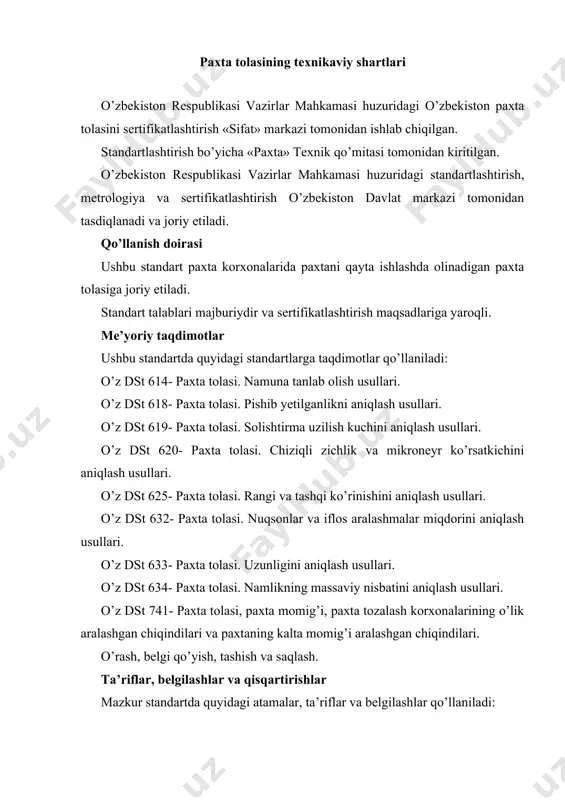ashish va saqlash. ta’riflar, belgilashlar va qisqartirishlar mazkur standartda quyidagi atamalar, ta’riflar va belgilashlar qo’llaniladi: klassyorlik usuli - paxta tolasiga navi va sinfi bo’yicha organolentik baho berishdir, bunda tola tashqi ko’rinishi bo’yicha belgilan-gan tartibda tasdiqlangan namunalar bilan solishtiriladi hamda uning shtapel uzunligi qo’lda tortilgan shtapel bilan aniqlanadi. asbob yordamida faqat mikroneyr ko’rsatkichi aniqlanadi. bu usul har to’dadan 10 % ni nazorat qilishda qo’llaniladi, lekin toyma-toy sinovlarda ham foydalanilishi mumkin. hvi (eych vi ay) - paxta tolasining uzunlik, uzunlik bo’yicha bir xillik aniqlik uzulishidagi uzayish, mikroneyr rang va ifloslanish ko’rsatkichlari bo’yicha yuqori samarador high volume instruments sinovlari o’lchash tizimining qisqartirilgan nomlanishi (rasm). rasm. hvi tizimi tashqi ko’rinish namunalari paxta tolasining aniq bir navi va sinfiga xos bo’lgan rang, dog’lar mavjudligi, tuzilishi hamda ifloslanganlik jihatidan sifat ta’riflari majmuini ifodalovchi, belgilangan tartibda tasdiqlangan paxta tolasi namunalari. namunalar uzun tolali va o’rta tolali paxta tolasi uchun alohida tayyorlanadi. maxsus qo’llaniladigan usullar - paxta tolasi …
