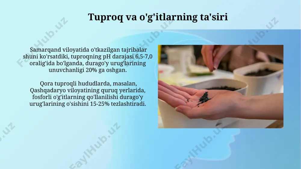 yilda 15% gacha hosildorlikni oshirishga imkon beruvchi yangi duragay urug'larini yaratish bo'yicha xalqaro hamkorlikda (aqsh, kanada) loyihalar amalga oshiriladi. zamonaviy duraga urug'chiligi texnologiyalari duraga urug'larini qayta ishlashda, samarqanddagi zamonaviy zavodlar 90% dan yuqori navli urug'larni olinadigan yangi uskunalar bilan jihozlangan bo'lib, bu esa urug' sifatini sezilarli darajada yaxshilaydi. zamonaviy duraga urug'chiligi texnologiyalari ortirilgan hosildorlikni ta'minlash uchun 5-7% gacha seleksiya qilingan urug'lardan foydalanishni, shuningdek, 1 gektar maydonga 30-40 ming dona urug' ekishni nazarda tutadi. suv rejimining ahamiyati ўзбекистондаги иссиқ иқлим шароитида, айниқса, самарқанд каби ҳудудларда, сув режимининг аҳамияти янада ортиб боради, чунки танадаги сув балансини сақлаш ҳаёт учун муҳимдир. сув режими, ўртача ҳисобда кунига 2-3 литр суюқлик истеъмол қилишни талаб қилади, бу эса организмнинг 70% сувдан иборат эканлигини ҳисобга олсак, жуда муҳимдир. seleksiya va gibridizatsiya usullari andijon viloyatidagi tajriba maydonlarida oʻtkazilgan sinovlar shuni koʻrsatdiki, seleksiya va gibridizatsiyaning murakkab usullaridan foydalanib, 5 yil ichida 100 dan ortiq yangi duragay urugʻ navlarini yaratish …