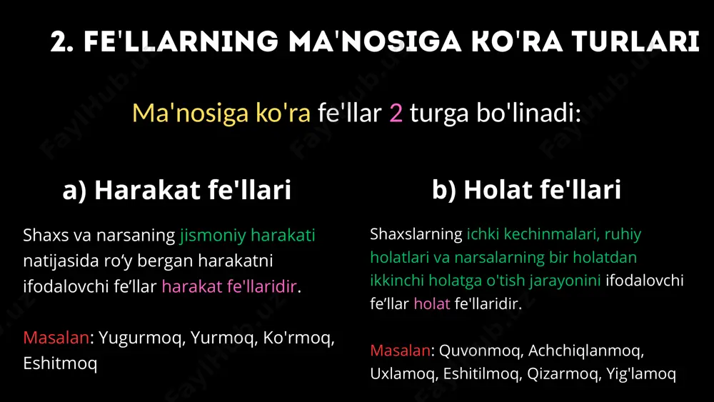 an, kelyabdi, kelyapdi ii. hozirgi zamon harakat yoki holatning gap aytilayotgan vaqtdan keyin sodir bo'lishini bildiruvchi zamon shakli. qo'shimchasi: -a, -ay, -r, -ar, -jak, -gay, -kay, -qay, -ur, -gusi masalan: boraman, kelasan, borarman, o'qirman, kelgay, yozajak iii. kelasi zamon fe'ldan ifodalangan harakat yoki holatning bajaruvchi shaxsini bildirib, fe'lni kesim sifatida shakllantiruvchi vosita. bu qo'shimchalarning fe'llarga qo'shilishi 2 xil usulda bo'ladi: b) shaxs-son qo'shimchalari birlik ko'plik i. bor+di/sa+m i. bor+di/sa+k ii. bor+di/sa+ng ii. bor+di/sa+ngiz iii. bor+di/sa iii. bor+di/sa+lar 1) -di, -sa qo'shimchalari bilan tugagan fe'llarga quyidagicha qo'shiladi: birlik ko'plik i. bor+....(moqda)+man i. bor+...(moqda)+miz ii. bor+...(moqda)+san ii. bor+....(moqda)+siz iii. bor+....(moqda) iii. bor+....(moqda)+lar 2) boshqa qo'shimchalar bilan tugagan fe'llarga quyidagicha qo'shiladi: harakatning voqelikka munosabatini ko'rsatuvchi grammatik shakl mayl shakli deyiladi. fe'llarda 4 ta mayl shakli bor. i. shart mayli: -sa masalan: borsa, olim bo'lsang, yesak ii. maqsad mayli: -moqchi masalan: yozmoqchi , yurmoqchi iii. buruq-istak mayli birlik ko'plik i. -ay i. -aylik ii. …
