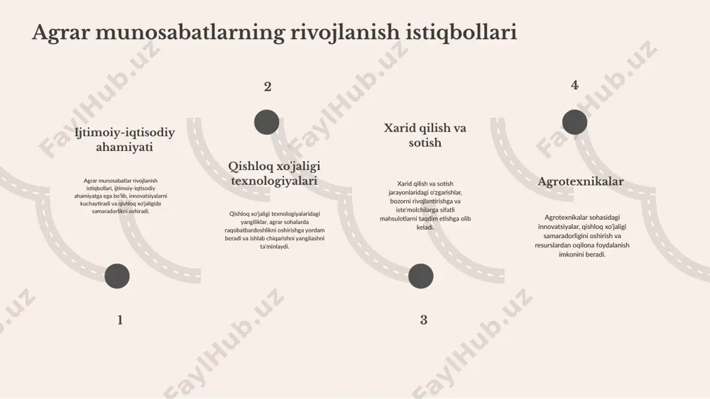inlashga yordam beradi. agrobiznes va ijtimoiy mas'uliyat agrobiznesning ijtimoiy mas'uliyati, mahalliy jamoalar va ekologik muhitga bo'lgan ta'sirini inobatga olgan holda, barqaror rivojlanish uchun muhim ahamiyatga ega. bu mas'uliyat, ijtimoiy muammolarni hal qilish va jamoalarning farovonligini oshirishga yordam beradi. photo by luca bravo on unsplash 02. 04. 01. 03. innovatsiyalar agrar sohada innovatsiya — bu yangi g'oyalar, mahsulotlar yoki jarayonlarning joriy etilishi orqali mavjud muammolarni hal qilishga qaratilgan yangiliklardir. agrar sohada innovatsiyalar qishloq xo'jaligi faoliyatini optimallashtirish va samaradorligini oshirish maqsadida muhim ahamiyatga ega. agrosanoatda innovatsiyalar yangi texnologiyalar, masalan, aqlli sug'orish tizimlari, genetik jihatdan o'zgartirilgan o'simliklar va to'g'ridan-to'g'ri qishloq xo'jaligi mashinalarini integratsiyalash kabi usullarni o'z ichiga oladi. bu innovatsiyalar ishlab chiqarish jarayonlarini tezlashtirish va resurslardan samarali foydalanishni ta'minlaydi. innovatsiyalarni joriy etish agrar sohada ko'plab afzalliklarni keltirib chiqaradi, jumladan, mahsulotlarning sifatini oshirish, xarajatlarni kamaytirish va bozor talablariga tez javob berish imkoniyatini yaratadi. bular qishloq xo'jaligida barqaror rivojlanishni ta'minlaydi. muvaffaqiyatli innovatsiya loyihalariga misol sifatida, …