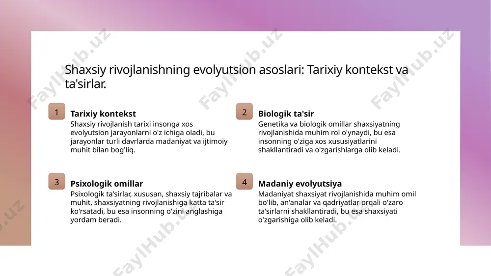 ib keladi. ushbu tajribalar shaxsiy xususiyatlarning rivojlanishiga ta'sir qiladi. genetika va shaxsiyat: meros va o'zgaruvchanlik. genetika va shaxsiyat genetika shaxsiyatning asosiy omillaridan biri hisoblanadi, chunki u meros qilib olingan xususiyatlar va temperamentni belgilaydi. merosning ta'siri shaxsiyatning ko'plab jihatlari ota-onalardan olingan genetik meros orqali o'tadi, bu esa individual farqlanishlarni hosil qiladi. o'zgaruvchanlik va muhit genetika shaxsiyatni shakllantirishda muhim bo'lsa-da, atrof-muhit, tarbiya va tajribalar ham o'zgaruvchanlikni ta'minlaydi. emotsional rivojlanish va shaxsiyatning psixologik asoslari. 1 emotsional rivojlanish emotsional rivojlanish shaxsiyatning asosiy komponentlaridan biri bo'lib, insonning hissiy tajribalarini va ularning o'zgarishini o'z ichiga oladi. 2 psixologik asoslar shaxsiyatning psixologik asoslari o'z-o'zini anglash va boshqalar bilan aloqalarni shakllantirishda muhim rol o'ynaydi, ruhiy salomatlikka ta'sir etadi. 3 hissiyotlar va shaxsiyat hissiyotlar shaxsiyatning rivojlanishiga ta'sir qiladi; masalan, stress va qayg'u shaxsiy xususiyatlarning o'zgarishiga olib kelishi mumkin. biologik va psixologik jihatlar: shaxsiyatning madaniyatga ta'siri. 1 biologik asoslar - shaxsiyatning biologik asoslari genetik va nevrologik omillar bilan bog'liq. genetika …