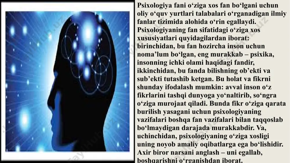 ko‘plab boshqalar haqidagi bilimlarga tayanadi. falsafa, iqtisod, jamiyatshunoslik va, albatta, psixologiya ham o‘z boshlang‘ich manbalarini kundalik hayotdan oladilar, chunki har birimiz bitta ham adabiyotni o‘qimay turib va oliygohning psixologiya fakultetida tahsil olmasdan inson psixologiyasining ba’zi tomonlarini tushuntirib bera olamiz deb hisoblaymiz. kundalik maishiy bilimlar aniq bo‘lib, haqiqiy vaziyatlarga bog‘liqdir, ilmiy psixologiya esa asosli umumlashtirishga intilgani uchun nazariy tushunchalardan foydalanadi va tekshirilgan ma’lumotlarga tayanadi. ular ichki fahm xususiyatiga ega bo‘lgani uchun amaliy ruhshunoslarning ko‘pchiligini ayollar tashkil etadi. ilmiy psixologik bilimlar umumlashtirilgan,maqsadga muvofiq va anglangan bilimlardir. e’tiboringiz uchun rahmat image1.jpeg image2.png /docprops/thumbnail.jpeg