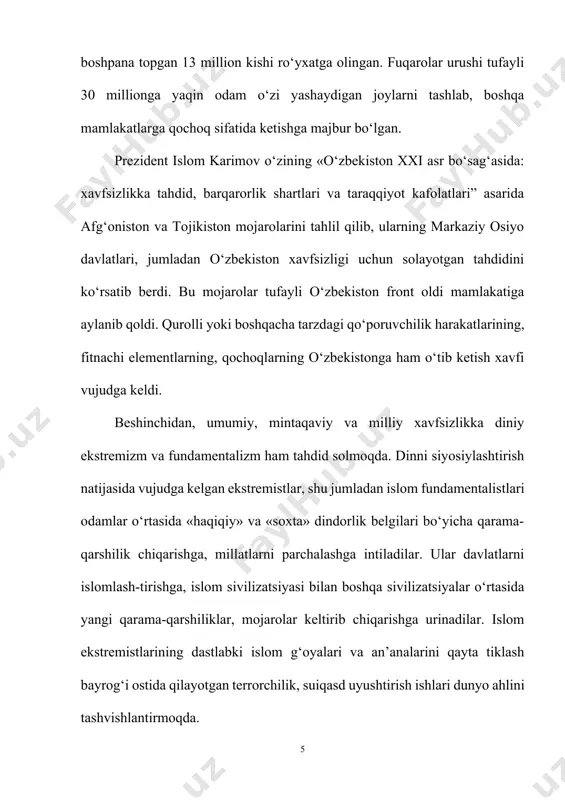 nligi, bunday kurollarga ega bo‘layotgan davlatlar (masalan, xindiston, pokiston) safining ortib borishi dunyo ahlini tashvishlantirmoqda. sakkizinchidan, jahon miqyoesida atrof-muhitning ifloslanganligi, nosog‘lom ekologik vaziyat, jumladan, markaziy osiyodagi ekologik tanglik, biogenetik buzilishlar insoniyat boshiga xavf solib turibdi. tobora kuchayib borayotgan korrupsiya, uyushgan jinoyatchilik, ekstremizm, terrorchilik, giyohvandlik, yashirin qurol oldi-sottisi bugun dunyoni, insoniyatni tashvishlantirmoqda. bularning barchasi dunyo hali ham ilgaridek mo‘rt bo‘lib turganligidan dalolat beradi. bizni qurshab turgan olam g‘oyat murakkab va muammoli bo‘lib keldi, hozir ham shunday bo‘lib qolmoqda. xalkaro muloqotda va muomalada bo‘lish har bir mamlakat, har bir xalq uchun ijtimoiy zaruriyatdir. shu bois o‘zbekiston, o‘zbek xalqi ham qadimdan boshqa mamlakatlar, xalqlar bilan aloqada, muomalada bo‘lib keldi. mustaqillik butun dunyo bilan aloqalarni, hamkorlikni yanada chuqurlashtirish, mazmunan boyitishga katta imkoniyat yaratdi. har bir mamlakatning jahon hamjamiyati bilan aloqasi va xalqaro nufuzi avvalo, uning taraqqiyot darajasiga bog‘liq. taraqqiyot darajasi qanchalik yuqori bo‘lsa xalqaro aloqalar ham shunchalik yuqori, ko‘p tomonlama, keng, chuqur bo‘lib boraveradi. …