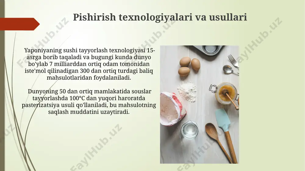 r, toshlarda pishirilgan non va qovurilgan go'sht kabi an'anaviy o'zbek taomlarining qadimgi an'analarini tasdiqlaydi. ovqat tayyorlashda xavfsizlik qoidalari xom go'sht va tayyor ovqatlarni bir xil sirtda saqlashdan saqlaning, chunki bu salmonelioz yoki e.coli kabi bakteriyalarni tarqalishiga olib kelishi mumkin. sovutgich harorati 4 darajadan past bo'lishi kerak. gaz plitasidan foydalanayotganda, uy yong'inlari statistika ma'lumotlariga ko'ra, toshkentda yiliga o'rtacha 200 dan ortiq oshxona yong'inlari ro'y beradi, shuning uchun gazni o'chirishni unutmang va yonuvchi materiallarni uzoqroq tuting. sog‘lom ovqatlanish va parhez taomlari parhez taomlari retseptlarida 150 grammdan oshmagan miqdordagi yog'li go'sht, masalan, qush go'shti yoki baliqni ishlatish, fransiya oshxonasidan farqli o'laroq, kamroq kaloriyali taomlar tayyorlashga yordam beradi. to'g'ri ovqatlanishning muhim tarkibiy qismi bo'lmish 8 soatlik uyqu, aqsh tadqiqotlariga ko'ra, organizmning metabolizmini yaxshilaydi va ortiqcha vazndan xalos bo'lishga yordam beradi. e'tiboringiz uchun rahmat @taqdimot_robot image1.jpg image2.jpg image3.jpg image4.jpg image5.jpg image6.jpg image7.jpg image8.jpg image9.jpg image10.jpg image11.jpg image12.jpg