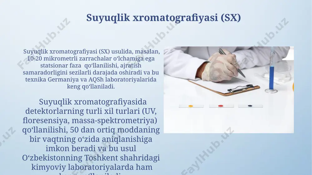 cha bo'lgan son bilan ifodalanadi va bu usul kimyoviy tahlilda muhim rol o'ynaydi. afinit xromatografiyasi afinit xromatografiyasi, ma'lum bir ligandiga (masalan, antitanaga) bog'langan matritsadan foydalanib, 200 dan ortiq oqsillarni ajratib olishda samarali usul hisoblanadi va dunyo bo'ylab ko'plab biotexnologiya laboratoriyalarida qo'llaniladi. ushbu usul yordamida, murakkab aralashmalardan maqsadli molekulalarni yuqori darajada tozalash mumkin; masalan, 50 ml namunadan 98% tozalikdagi oqsilni ajratib olish mumkin. gaz-suyuqlik xromatografiyasi gslx texnikasi, 1-100 µl hajmdagi namunalarni tahlil qilish imkonini beradi va moskva shahridagi ilmiy laboratoriyalarda keng miqyosda qo'llaniladi. gaz-suyuqlik xromatografiyasi (gslx)da, 200 dan ortiq turdagi ustunlar, har xil qutblilikdagi statsionar fazalar bilan, analitlarni ajratish uchun qo‘llaniladi, masalan, silika jel asosidagi ustunlar keng tarqalgan. e'tiboringiz uchun rahmat @taqdimot_robot image4.png image5.jpg image6.jpg image7.jpg image8.jpg image9.jpg image10.jpg image11.jpg image12.jpg image13.jpg image14.jpg image3.jpeg