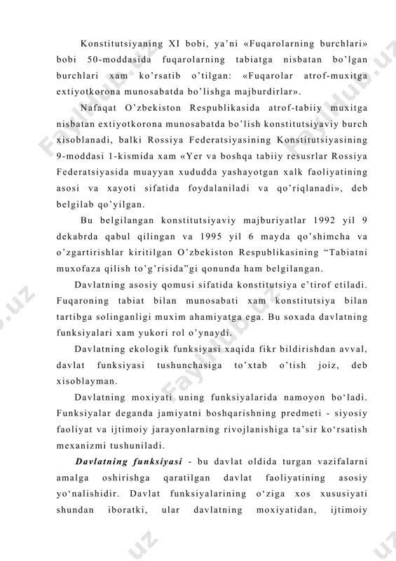 uning siyosiy va ijtimoiy negizi, uning qiyofasi qanday bo‘lishi kerak? ikkinchi, demokratik jamiyat shakllanishida uning ta’siri qanday bo‘ladi?" degan savollarni qo’yganlar. albatta, bu masalalar bizning konstitutsiyamizda o‘z ifodasini topgan. maqsadimiz aniq - bozor iqtisodi tamoyillariga asoslangan, erkin, ochiq, demokratik davlat qurish. biz barpo etayotgan davlat eng avvalo, umumjaxon sivilizatsiyasiga, davlat qurilishi soxasida boshqa xalqlar erishgan tajribalarga asoslanishi lozim." davlatning funksiyalari tasnifi. davlatning funksiyalarini ularning oldiga qo‘yilgan vazifalarga ko‘ra ikki turga bo‘lish mumkin: ichki va tashqi funksiyalarga. ichki funksiyalar davlatning mamlakat ichidagi maqsad va vazifalarini ta’riflaydi. tashki funksiyalar boshka davlatlar bilan o‘zaro munosabatlarini tavsiflaydi. ichki va tashki funksiyalar bir-biri bilan mustaxkam boglikdir. davlat tashki iktisodiy faoliyat yordamida ichki vazifalarni xal etishga intiladi. davlat ichki funksiyalari iktisodiy funksiya ijtimoiy funksiya madaniy tarbiyaviy funksiya xukukni muxofaza kilish funksiya mulkchilikni muxofaza kilish funksiya tabiatni muxofaza kilish funksiya solik solish funksiyasi bu funksiyalar rivojlanishning xozirgi bosqichida davlat oldida turgan vazifalarini aniqroq ifodalab beradi. respublika prezidenti …