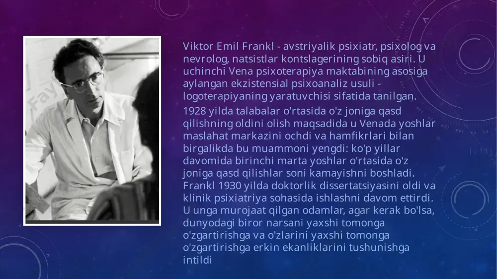 ilash imkoniyati g'oyasini shakllantiradi. shu nuqtai nazardan, franklning "noetik daraja" tushunchasi iroda erkinligini ma'naviy hayotning har qanday turi bilan bog'laydiganlarga nisbatan kengroq ko'rish mumkin. hayotning ma'nosini ushbu qadriyatlarning har qandayida va ular tomonidan yaratilgan harakatlarda topish mumkin. bundan kelib chiqadiki, inson hayoti o'z mazmunini yo'qotadigan bunday holatlar va holatlar mavjud emas. muayyan vaziyatda ma'no topish frankl "ma'lum bir vaziyatga nisbatan harakat imkoniyatlarini anglash" deb ataydi. aynan shu ongga logoterapiya yo'naltiriladi, bu odamga vaziyatda mavjud bo'lgan barcha ma'nolarni ko'rishga va uning vijdoniga mos keladigan narsani tanlashga yordam beradi. shu bilan birga, ma'no nafaqat topilishi, balki amalga oshirilishi ham kerak, chunki uning amalga oshirilishi shaxsning o'zini anglashi bilan bog'liq. franklning shaxsiyat nazariyasi uchta asosiy komponentni o'z ichiga oladi: ma'noga intilish haqidagi ta'limot, hayotning mazmuni va iroda erkinligi. 1 hayot mazmunining muhim tarkibiy qismlaridan biri bu o'z qadriyatlariga muvofiq harakat qilish qobiliyatidir. hatto o'ta og'ir sharoitlarda ham frankl odamlar erkin tanlash va o'zini …