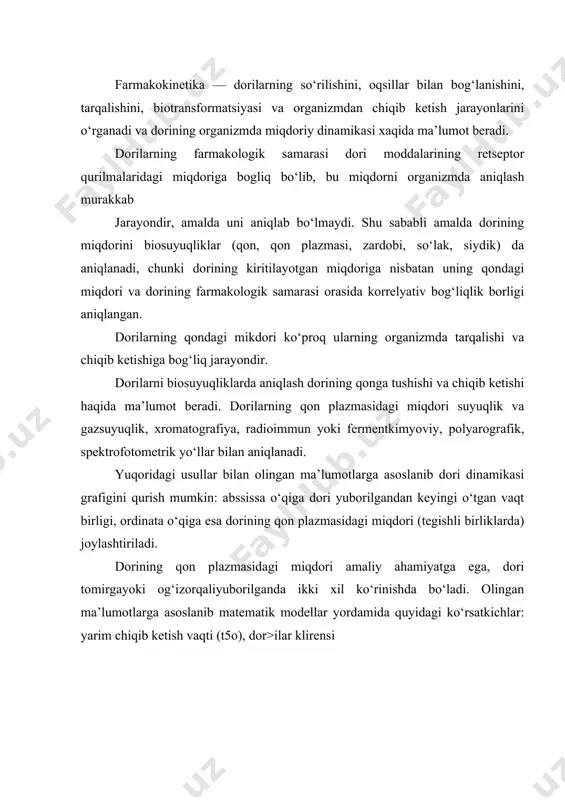 asm, a. vedaga yuborilgan doriaing tarqayaish yoa chiqib ke^ysh modellari (chizmasi) keltyrilgan (cl), tarqalish hajmi (vd), bir me’yordagi miqdor (css), biologik o‘zlashtirilishi (f) aniqlanadi. dorilarning organizmdagi dinamikasini matematik yo‘l bilan ifodalashda organizm bitta yoki bir necha kamera (kompartament) lardan tashkil topgan deb (pa​pas qilinadi. yuborilgan dori kameralarga dori yuborilgan joydan to‘g‘ridanto‘g‘ri tushish yo‘li bilan yoki bir kameradan ikkinchisiga o‘tish yo‘li bilan tarqaladi. dori moddasi qonga tushadi, qon oqsillari bilan butunlay birikadi, metabolizm (biotransformatsiya) ga uchramaydi va chiqib ketmaydi. bu sharoitda dorining qondagi miqdori tezlikda yuqori darajaga ko‘tariladi va uzoq vaqt bir xilda saqlanib qoladi (1rasm, a). 1rasm, b. chizma yuborilgan dori birorta yo‘l bilan chiqarila boshlaydi (eliminatsiya) chizmadan (1rasm, b) ko‘rinishicha, kiritilgan faol moddaning miqdori astasekin kamaya boradi. eliminatsiya — organizmdagi metabolitik va ekskretor jarayonlar yig‘indisi natijasida kiritilgan. faol modda (dori)ning tanadan chiqib ketishiga aytiladi. 1rasm, v. chizmada qonga tutgan dori moddasi ikki kamera (chizma) oraligida tarqaladi, uning tuqima va …