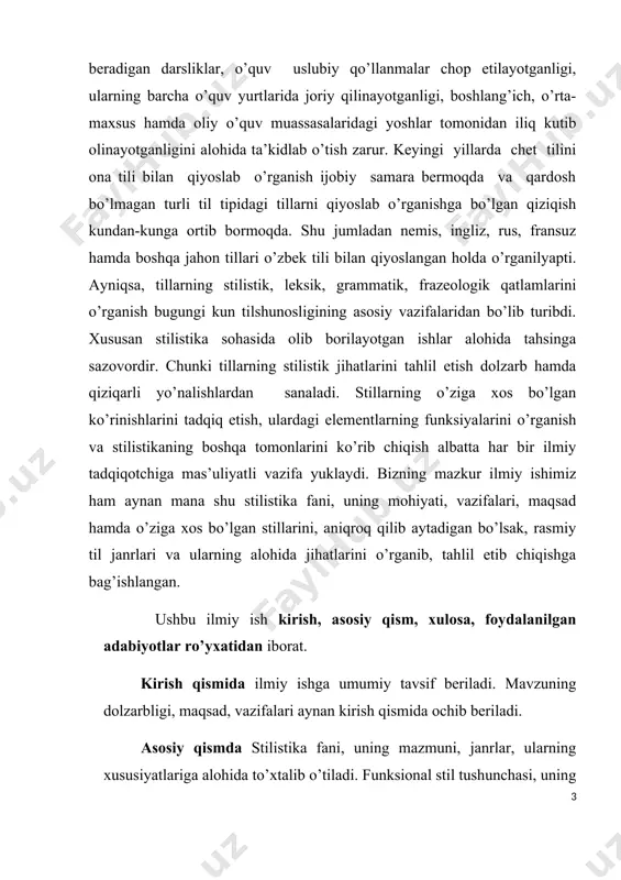 mazkur ilmiy ishning dolzarbligi shundan iboratki, ilm-fan sohalaridan biri bo’lmish stilistika fani, uning o’ziga xos jihatlari hozirgi kunga qadar nemis va o’zbek tillari asosida to’liq o’rganilmaganligidadir. ilmiy ishning maqsadi nemis rasmiy til janrlari va ularning ifodalanish imkoniyatlarini ko’rib chiqish. mazkur ishning vazifalari sirasiga quyidagilarni kiritib o’tish mumkin: · stilistika fanining mazmunini tushuntirish; · uning maqsad va vazifalariga to’xtalib o’tish; · stil, uslub tushunchalarining mohiyatini ochib berish; · nemis tilidagi funksional stil atamasiga izoh berish; · uning turlarini keltirib o’tish; · nemis rasmiy tili haqida ma’lumot berish; · nemis rasmiy til janrlarining xususiyatlarini tahlil etish va b. ushbu tadqiqotning ilmiy yangiligi ishning obyekti sifatida nemis tilidagi stilistik vositalar, stilistik janrlar xizmat qildi. tahlil manbayi etib nemis tilidagi turli rasmiy hujjatlar, ilmiy adabiyotlar tanlab olindi hamda ilmiy tadqiqotning mazmunini ochib berishga jalb etildi. mazkur mavzuni yoritib berish maqsadida tasviriy tahlil, qiyosiy metod, qiyosiy-tarixiy va statistik metodlardan foydalanildi. bundan tashqari ilmiy ish tahlili …