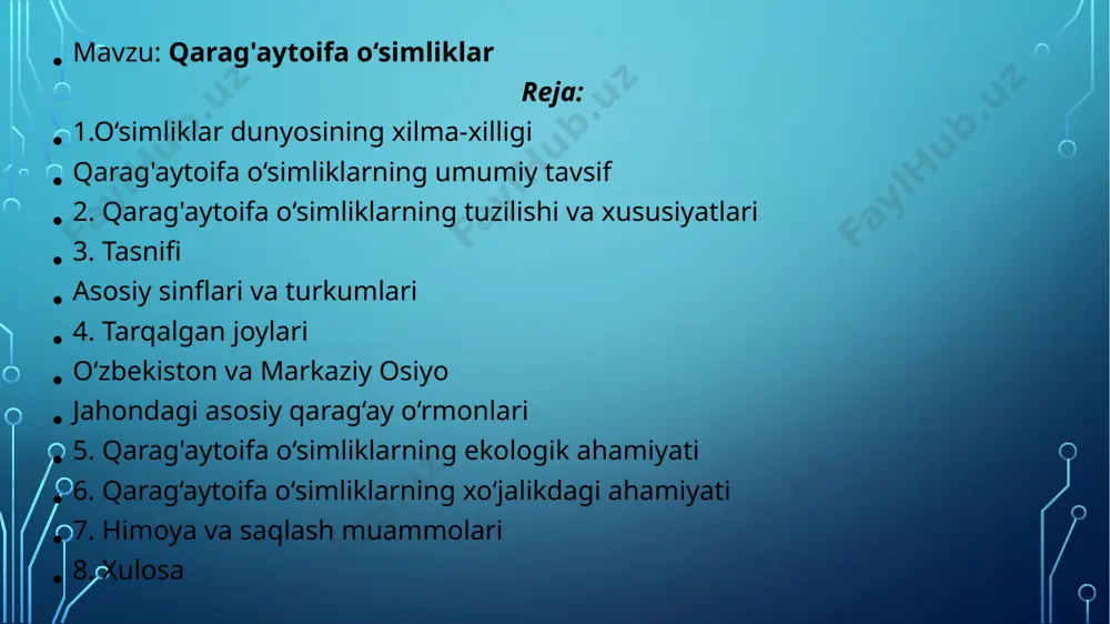 imga moslashgan, namlikka ehtiyoji nisbatan kam, bardoshli o‘simliklardir. ularning asosiy tuzilmalari quyidagicha: ildiz tizimi: chuqur va keng tarqalgan bo‘lib, tuproqdan suv va oziqa moddalarni yaxshi so‘rib oladi. bu xususiyat ularning qurg‘oqchilikka bardoshli bo‘lishini ta’minlaydi. poya (tanasi): yog‘ochsimon va mustahkam. tanasi baland bo‘lishi mumkin (ba’zi qarag‘aylar 30–40 metrga yetadi). barglari: uzoq, ingichka va ignasimon shaklda bo‘ladi. ular silliq, qalin qoplama bilan qoplangan bo‘lib, suvning bug‘lanishini kamaytiradi. qarag‘aytoifa o‘simliklar urug‘pallali o‘simliklar sirasiga kiradi. ular gulli emas, ya’ni gullari oddiy shaklda bo‘lib, changlanish ko‘pincha shamol yordamida sodir bo‘ladi. urug‘lar maxsus shoxchalarda (shishachalarda) rivojlanadi. ular vegetativ (ildiz, poya orqali) va generativ (urug‘ orqali) yo‘llar bilan ko‘payadi. sporalar orqali ko‘payish ba’zi qadimiy qarindosh guruhlarida kuzatiladi. qarag‘aytoifa o‘simliklar ayniqsa tabiatdagi barqarorlikni saqlashda, biosfera muvozanatini ta’minlashda katta rol o‘ynaydi. 3. qarag‘aytoifa o‘simliklarning tasnifi qarag‘aytoifa o‘simliklar botanika fanida ignabarglilar (pinophyta) bo‘limiga kiradi. ular qadimgi davrlardan beri mavjud bo‘lib, hozirgi kungacha saqlanib qolgan eng qadimiy urug‘pallali o‘simliklardan hisoblanadi. ularning …
