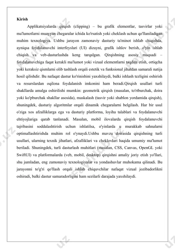 ni to'g'ri qo'llash orqali ishlab chiquvchilar nafaqat vizual jozibadorlikni oshiradi, balki dastur samaradorligini ham sezilarli darajada yaxshilaydi. applikatsiya nima va uning asosiy turlari applikatsiya san’atning dekorativ-uslubiy yo‘nalishi sifatida turli materiallardan kesilgan shakllarni maxsus sirtga yopishtirish yoki tikish orqali naqsh, tasvir yoki bezak yaratish jarayonini anglatadi. bu san’at turi o‘zining sodda, ammo samarali uslubi bilan ko‘plab sohalarda, xususan, kiyim-kechak dizayni, interyer bezatish va bolalar ijodiy faoliyatida keng qo‘llaniladi. applikatsiyaning asosiy maqsadi estetik jihatdan jozibali va funksional dizayn yaratishdir. ushbu san’at turining tarixi qadimgi davrlarga borib taqaladi, chunki turli xalqlar o‘zlarining an’anaviy san’atlarida applikatsiyadan foydalanganlar. masalan, qadimgi misrda matolarga tikilgan naqshlar, xitoyda ipakdan yasalgan applikatsiyalar yoki o‘rta asr yevropasida diniy tasvirlar bezatishda keng tarqalgan edi.applikatsiya jarayoni odatda bir nechta bosqichlardan iborat bo‘lib, ularga material tanlash, naqsh chizish, kesish va yopishtirish yoki tikish kiradi. ushbu jarayon ijodiy yondashuvni talab qiladi, chunki har bir elementning o‘lchami, rangi va joylashuvi umumiy kompozitsiyaga ta’sir qiladi. applikatsiyada …