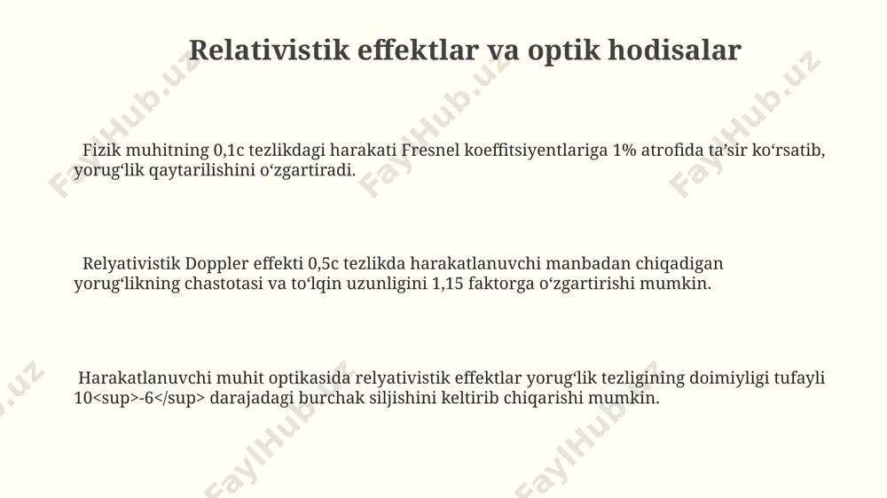 shiga olib keladi va bu hodisa 1/c tezlikka yaqinlashadi. fresnel tormozlanishi hodisasi nur toʻlqinining chastotasi oʻzgarmasligicha, toʻlqin uzunligi va fazaviy tezligini oʻzgartirish orqali namoyon boʻladi, bu esa nur sinishiga olib keladi. fazaviy tezlikning pasayishi natijasida, fresnel tormozlanish koeffitsienti 0.1 dan 1 gacha boʻlgan qiymatlarni qabul qilib, nur toʻlqinining fazaviy tezligini sezilarli darajada kamaytirishi mumkin. amaliy qo'llanmalar va kelajak istiqbollari avtomobil faralari va lidar tizimlarida harakatlanuvchi muhit optikasi printsiplarini qo'llash, 90% gacha aniqlik bilan ob'ektlarni aniqlash va yo'l sharoitlarini kuzatish samaradorligini oshiradi. tibbiy diagnostika uskunalarida, masalan, optik koherentli tomografiyada (okt), harakatlanuvchi muhit optikasi texnologiyalari 0,1 mm dan past bo'lgan yuqori aniqlikdagi qon tomirlarining 3d tasvirini olish imkonini beradi. harakatlanuvchi muhit optikasining 3d kinoteatr texnologiyalarida qo'llanilishi, 120 hz va undan yuqori tezlikdagi kadrlar chastotasini qo'llab-quvvatlash orqali real vaqtda yuqori aniqlikdagi tasvirlarni yaratish imkonini beradi. harakatlanuvchi muhit optikasining asosiy tushunchalari harakatlanuvchi muhitdagi nur tarqalishini fresnel tortishish koeffitsiyenti (1.5 ga yaqin) va doppler effekti …