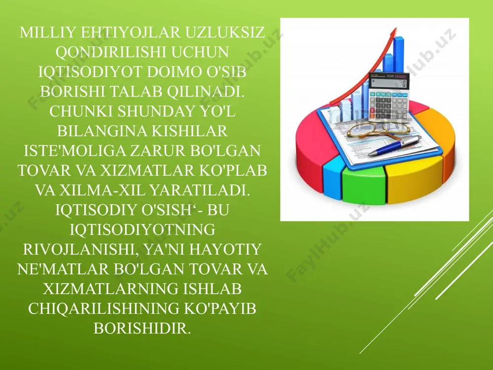 adal rivojlanib, qoloqlikdan chiqa oldilar. yevropada norvegiya va finlyandiya ham ilg'orlar safiga qo'shildi. ulardagi yalm o'sishi dunyoning o'rtacha sur'atidan ancha oshib ketdi. iqtisodiy o'sish omillari iqtisodiy o'sish ishlab chiqarishning rivojlanishi bo'lar ekan, bunga ta'sir etuvchi kuchlar ishlab chiqarish omilla-ridan boshqa narsa bo'lishi mumkin emas. shu sababli bu resurslarning miqdori, sifati va ularning naqadar samarali ishlatilishiga bog'liq bo'ladi, chunki resurslar ishlab chiqa­rish omillariga aylanadi. resurslar ko'payganda tovarlar va xizmatlar oldingidan ko'proq yaratiladi. masalan, yangi yerlar ochilsa, yangi konlar, suv manbalari ishga tushirilsa, mashina-uskunalar va ishlovchilar soni ko'paytirilsa, shubhasiz ishlab chiqarish o'sadi. bozor iqtisodiyotining qonun-qoidalari iqtisodiy o'sish yuz berishi uchun bozor talabiga muvofiq tovar va xizmatlarni yaratish kerak bo'ladi. biz bilamizki, iqtisodiy o'sish yalm ko'payishini anglatadi. yalm esa tovar va xizmatlarning bozordagi qiymati. agar ular sotilmasa bozor qiymati yuzaga kelmaydi. shu sababli bozorbop tovar va xizmatlarni yaratish iqtisodiy o'sishni ta'minlaydi. resurslar kamyob bo'lganidan, ulardan samarali foydalanish iqtisodiy o'sishning asosiy shartiga aylanadi, biroq …