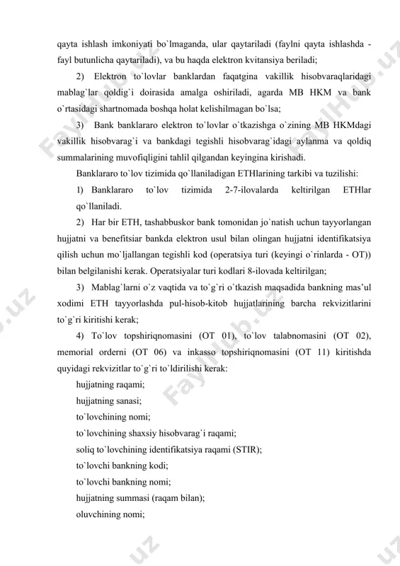 vchi bankning kodi; oluvchi bankning nomi; hujjatning summasi so`z bilan (avtomatik tarzda yoziladi); to`lovning maqsadi. to`lov maqsadi quyidagi ma’lumotlardan iborat bo`ladi: а) to`lov nima uchun o`tkazilayapti; b) shartnoma, hisobvaraq, tovar-transport hujjatlari, ko`rsatilgan xizmatlar va bajarilgan ishlar uchun hisob-kitob qilishda ishni qabul qilish dalolatnomasi yoki ularning o`rnini bosadigan hujjatlar, mahsulot kim orqali jo`natilganligi to`g`risidagi ishonchnomaning raqami va sanasi ko`rsatiladi. ijro hujjatlari bo`yicha inkasso topshiriqnomasida undirib olish uchun asos bo`layotgan ijro hujjatining raqami, sanasi va nomi ko`rsatiladi. qonunchilikka muvofiq ayrim to`lovchilarga "to`lov maqsadi" rekvizitida nima maqsadda to`lov o`tkazilayotganligi to`g`risida ma’lumot ko`rsatilmasligi mumkin. 5) akkreditiv uchun ariza (ot 05)ni kiritishda quyidagi rekvizitlar to`g`ri to`ldirilishi kerak: akkreditiv nomeri; akkreditivni yozish sanasi; to`lovchining nomi; to`lovchining hisobvaraq raqami; soliq to`lovchining identifikatsiya raqami (stir); emitent bankning nomi; emitent bank (tashabbuskor bank) ning kodi, akkreditiv summasi raqam bilan; yetkazib beruvchining nomi; yetkazib beruvchining hisobvarag`i raqami; akkreditivni ijro etuvchi bankning nomi; akkreditivni ijro etuvchi bank (benefitsiar bank) ning kodi; …