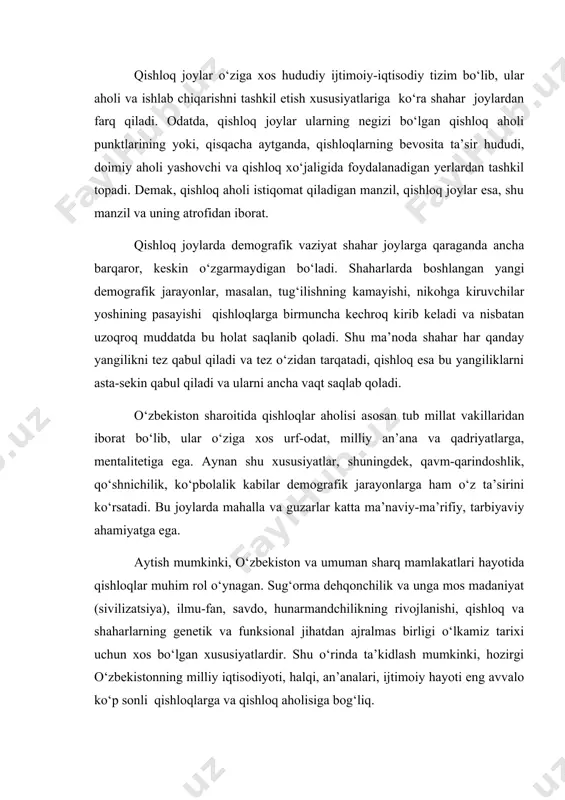 xi uchun xos bo‘lgan xususiyatlardir. shu o‘rinda ta’kidlash mumkinki, hozirgi o‘zbekistonning milliy iqtisodiyoti, halqi, an’analari, ijtimoiy hayoti eng avvalo ko‘p sonli qishloqlarga va qishloq aholisiga bog‘liq. umuman olganda, respublika qishloq aholisi shahar aholisiga nisbatan sustroq ko‘payib borgan. quyidagi statistik raqamlar o‘zbekiston jami va qishloq aholisi to‘g‘risida tegishli ma’lumot beradi. -jadval o‘zbekiston respublikasi aholisi (ming kishi hisobida) yillar jami aholi shundan, qishloq aholisi 1939 6347 4877 1959 8119 5290 1970 11709 7477 1979 15391 9043 1989 19810 11769 2000 24488 15322 2008 27072 17374 2009 27533 13297 manba: o‘zr davlat statistika qo‘mitasi ma’lumotlari. yuqorida keltirilgan ma’lumotlar turli davrlarda shahar va qishloq aholisining turlicha ko‘payib borganligini ko‘rsatadi. masalan, 1939-1959 yillarda jami aholi soni 127,9 foizga, shaharliklar 185,6 va qishloq aholisi 108,5 foizga o‘sgan. 1959-1970 yillarda bu raqamlar, mos holda, 145,3; 158,4 va 141,3 foizni tashkil qilgan. respublikamiz demografik tarixida aynan shu davr o‘zining yuqori ko‘rsatkichlari bilan ajralib turadi; bu davrda o‘rtacha yillik …
