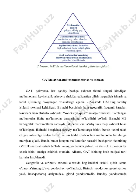 orot relyastion mbbt boshqaruvi ostidagi jadvallar shaklida tashkil etilgan. keyingi yondoshuv integrastiyalangan yondoshuv deb ataladi. bu yondoshuvda ham fazoviy, ham atributiv axborotni saqlash uchun relyastion mbbt vositalaridan foydalanish nazarda tutiladi. bu holda gat mbbtga ustqurma sifatida amal qiladi. uchinchi yondoshuv ob’yektli yondoshuv deyiladi. bu yondoshuvning ustun tomonlari murakkab ma’lumotlar strukturalarini va ob’yektlar o’rtasidagi o’zaro munosabatlarni ta’riflashning osonligidadir. ob’yektli yondoshuv ob’yektlarning ierarxik zanjirini tuzish va ko’p sonli modellash masalalarini yechish imkoniyatini beradi. keyingi vaqtda birinchi va uchinchi yondoshuvlar sintezi bo’lgan ob’yektli-relyastion yondoshuv keng tarqaldi. ta’kidlash lozimki, gatlarda ob’yektlarni ifodalashning bir nechta shakllari ajratiladi: · nuqtalarning nomuntazam to’ri ko’rinishida; · nuqtalarning muntazam to’ri ko’rinishida; · izoliniyalar ko’rinishida. nuqtalarning nomuntazam to’ri ko’rinishida ifodalash – bu yerkin tarzda joylashgan nuqtali ob’yektlardir, ular atributlar sifatida maydonning ushbu nuqtasida qandaydir qiymatga ega bo’ladi. ma’lumotlarni ifodalashning bunday shakliga misol 3-rasmda ko’rsatilgan. nuqtalarning muntazam to’ri ko’rinishida ifodalash - bu etarli zichlikdagi nuqtalarning fazoda bir tekisda joylashuvidir. nuqtalarning muntazam …